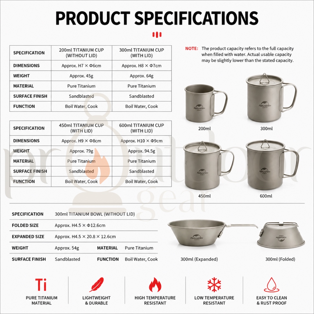 NATUREHIKE 20CJ Titanium Camping Cup & Bowl Ultralight Outdoor Mug Bowl with Lid Foldable Handle Backpacking Cookware