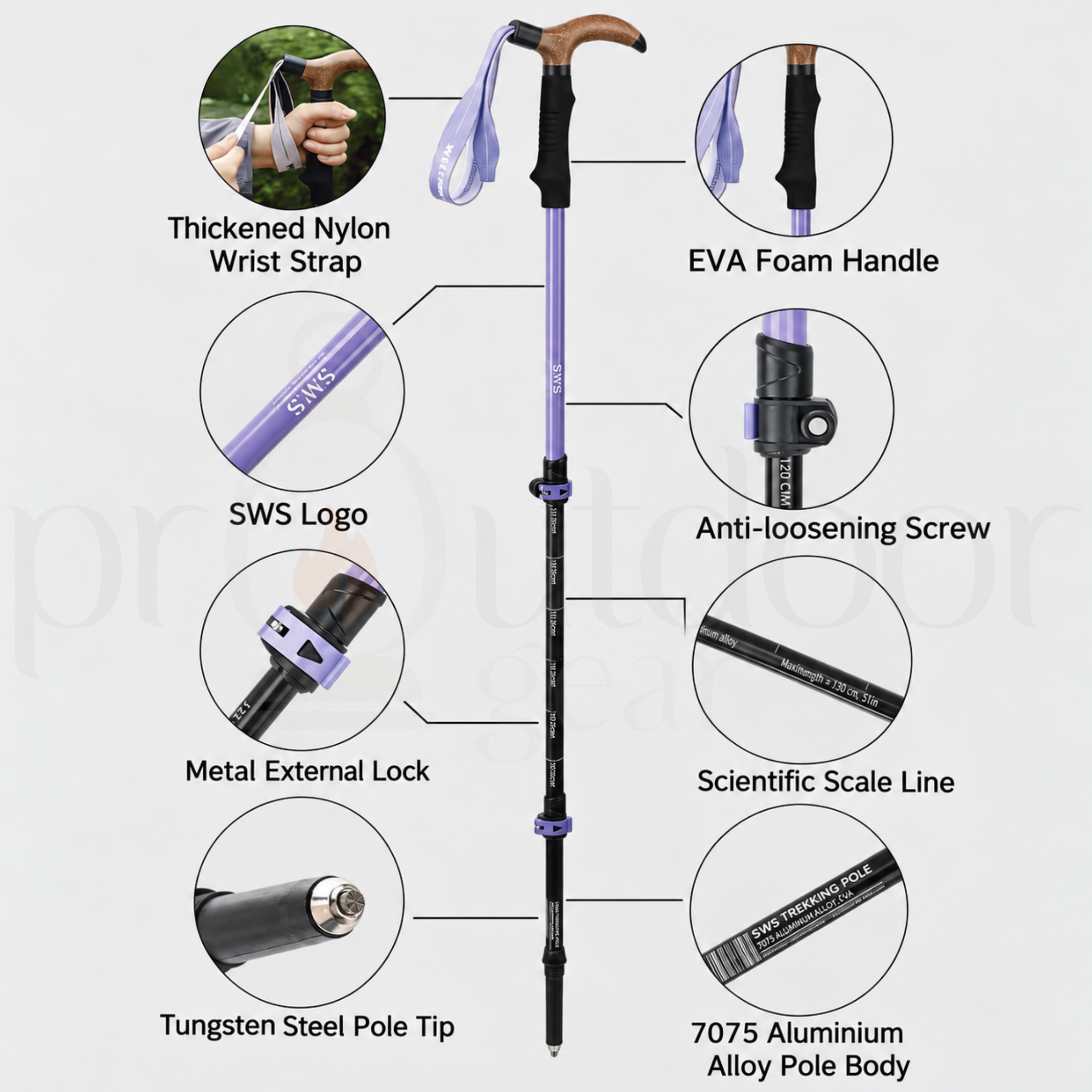 WELLHIKE T-Handle Telescopic Trekking Pole Adjustable 57.5-130cm Lightweight 7075 Aluminum Alloy Hiking Walking Stick