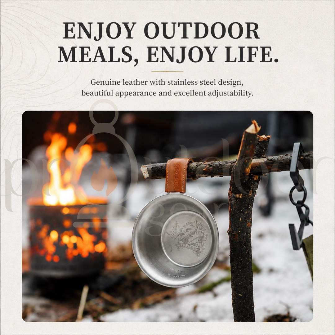 NATUREHIKE NH21CJ002 Stainless Steel Vintage Camping Bowl 300ml 304 Stainless Steel Leather Handle Outdoor Camping