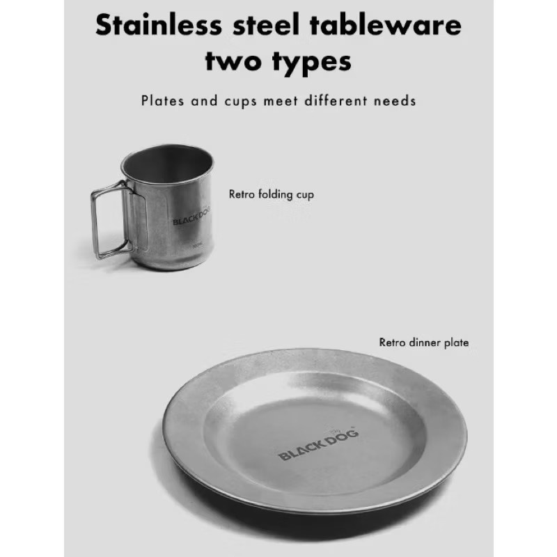 BLACKDOG Retro Travel Tableware Picnic Coffee Cup Dinner Plate Outdoor Camping Hiking 304 Stainless Steel Tableware