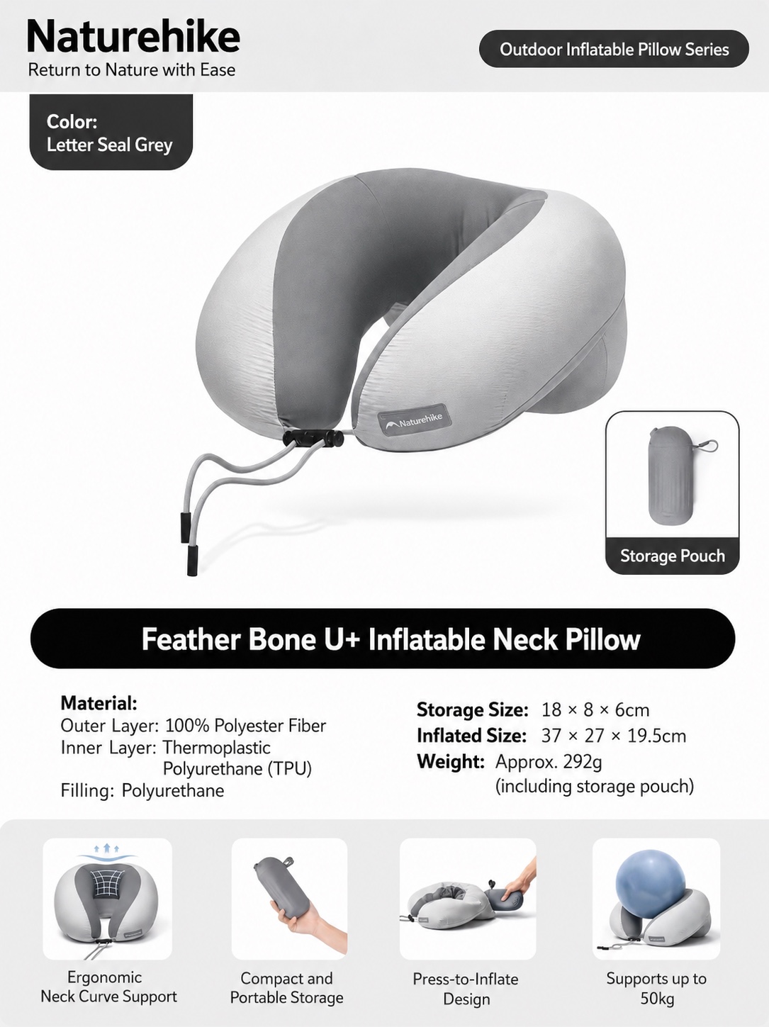 NATUREHIKE CNK2550WS040 Inflatable U-Shaped Neck Pillow Portable Travel Air Pillow Press Type