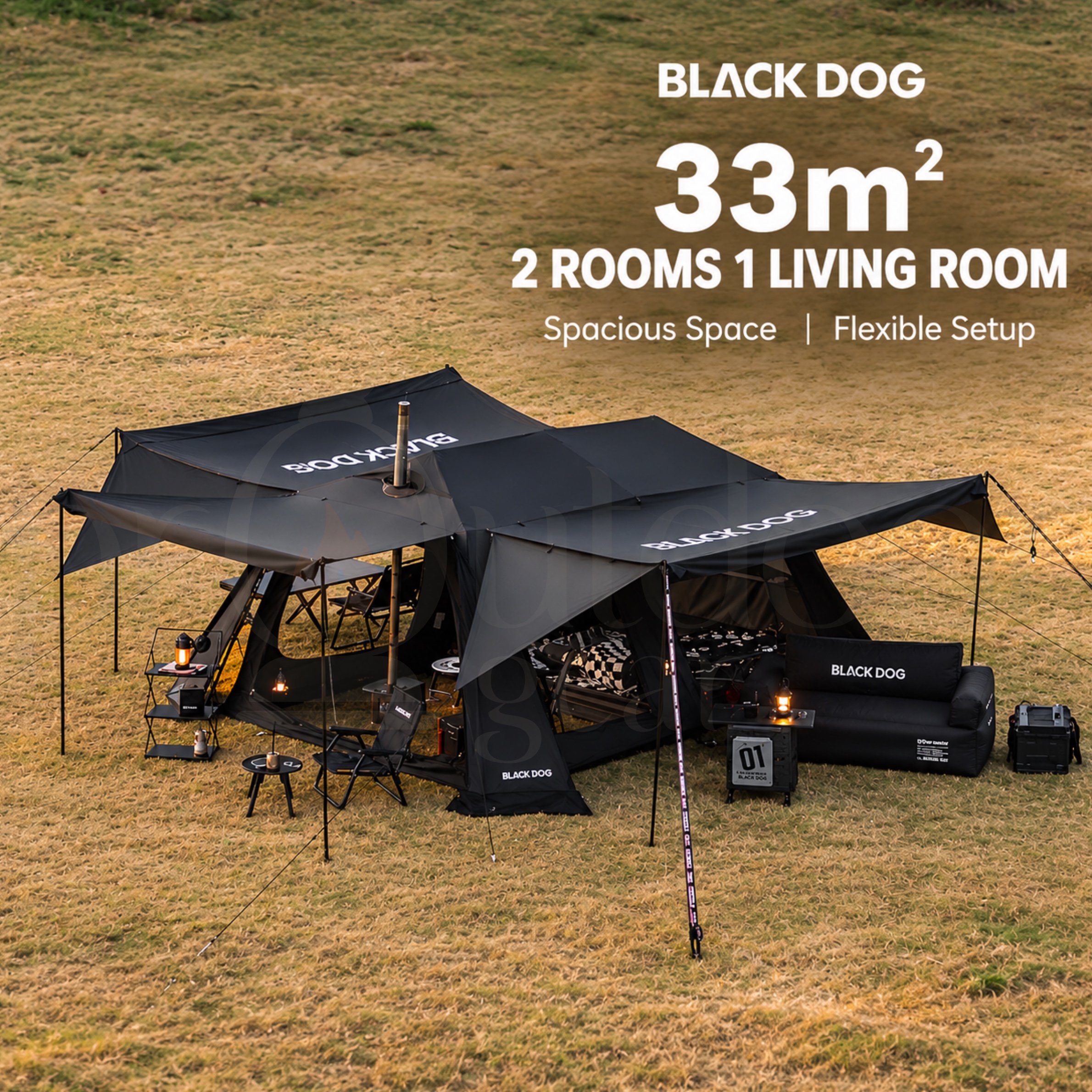BLACKDOG STAR 13X CBD2550WS074 Auto Tent | 33m² Black Coating Camping Tent | 2 Rooms 1 Living Room