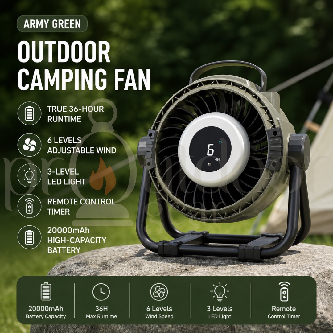 H10 Outdoor Camping Fan 20000mAh Rechargeable Portable Fan with LED Light Remote Control Type-C 6-Speed 36H Runtime
