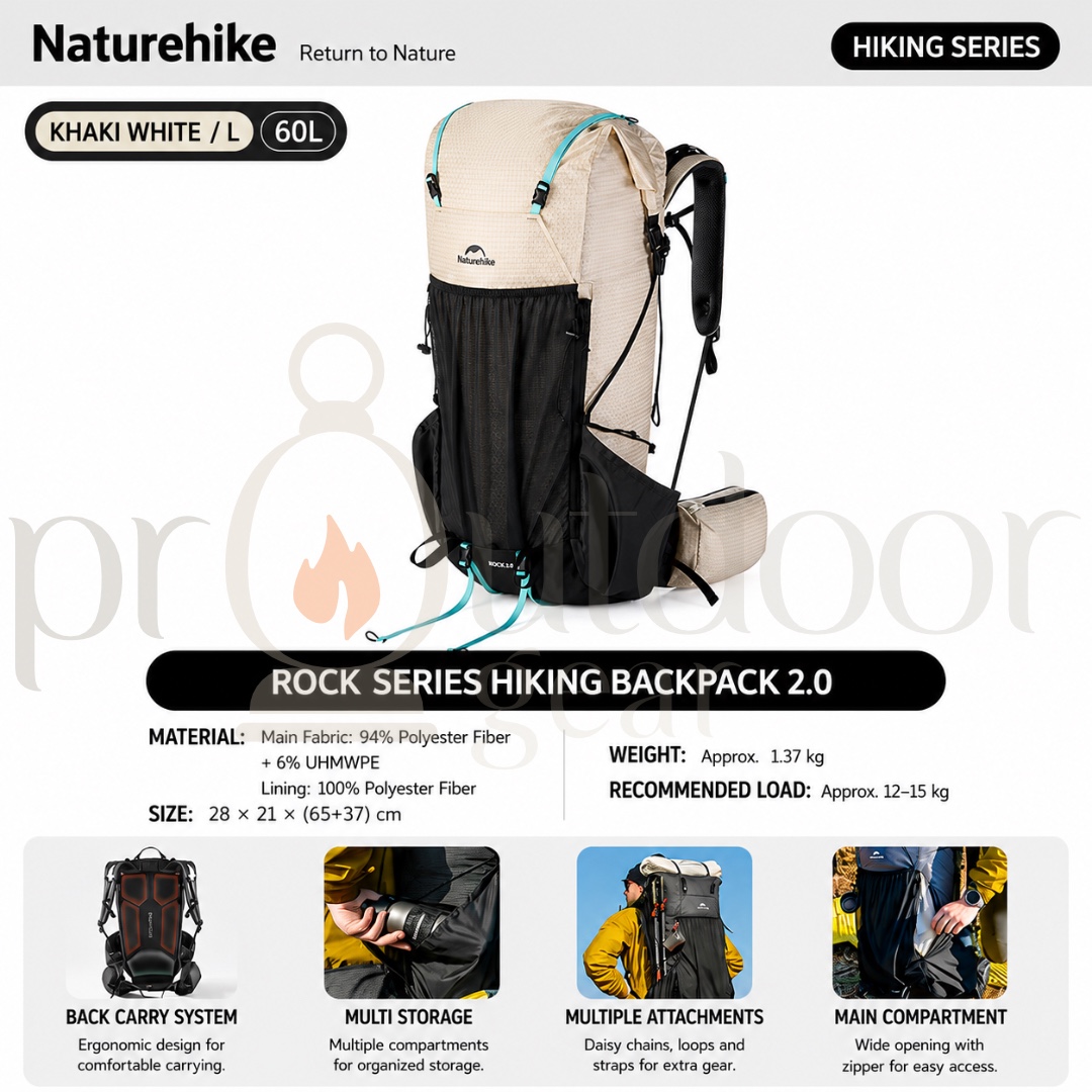 NATUREHIKE CNK2550XB018 Rock Series Hiking Backpack 2.0 60L Lightweight Trekking Backpack Outdoor Camping Travel Bag