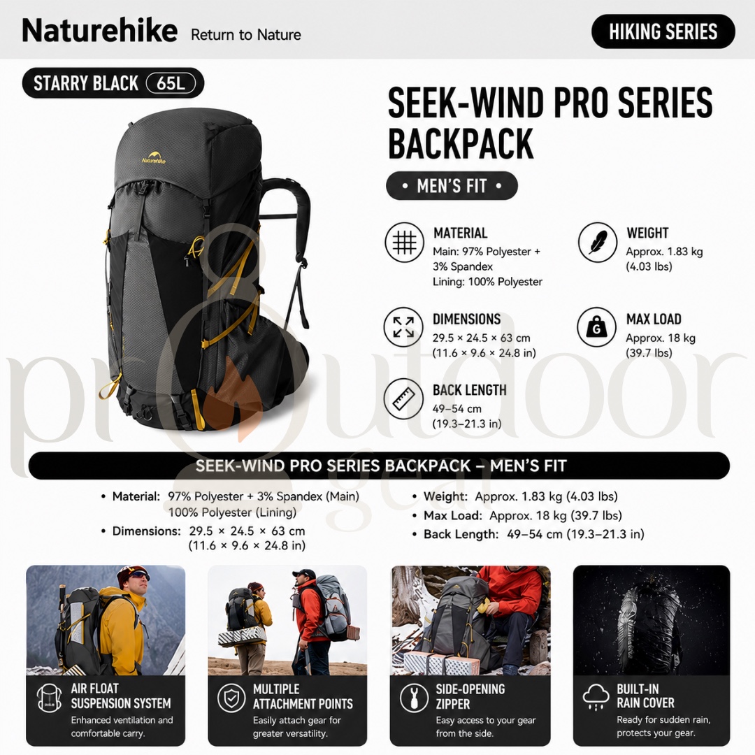 NATUREHIKE CNK2550XB018 Rock Series Hiking Backpack 2.0 60L Lightweight Trekking Backpack Outdoor Camping Travel Bag