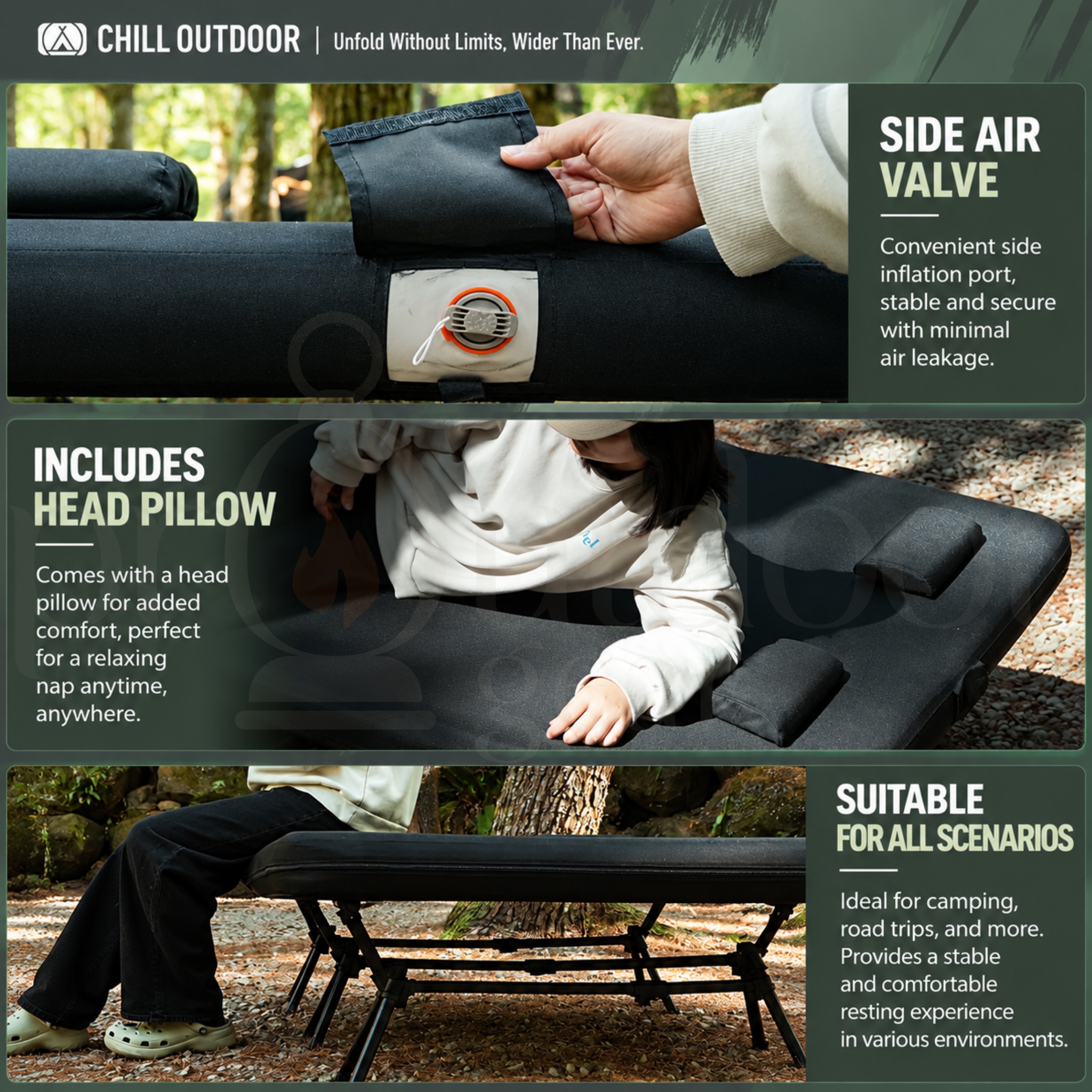CHILL OUTDOOR Giant Inflatable Tactical Camping Cot Bed Outdoor with Aluminium Frame Portable Sleeping Mattress