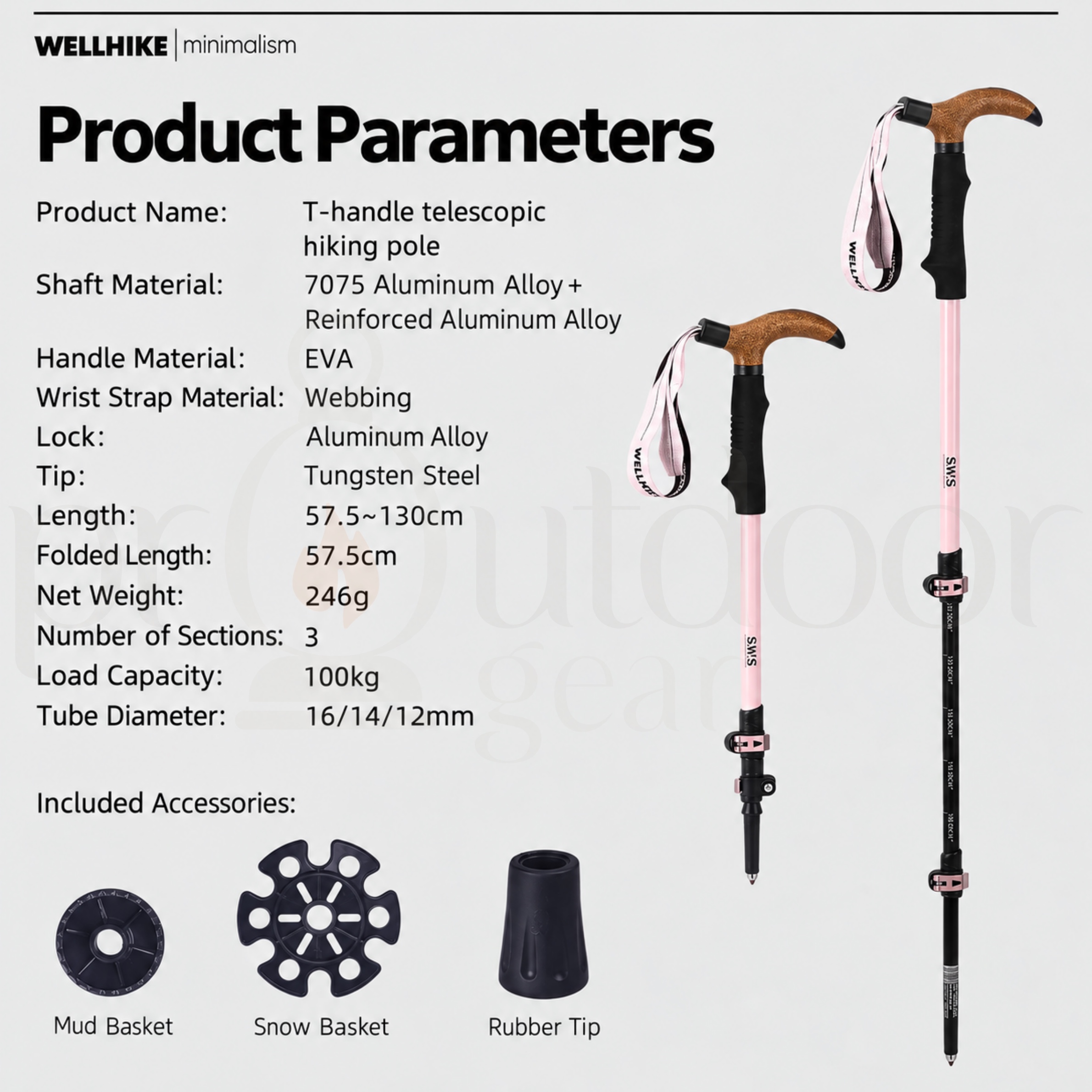WELLHIKE T-Handle Telescopic Trekking Pole Adjustable 57.5-130cm Lightweight 7075 Aluminum Alloy Hiking Walking Stick