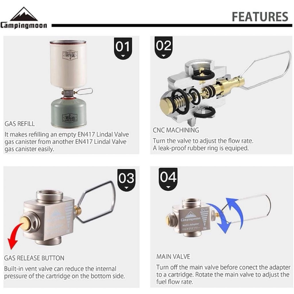 Campingmoon Gas Transfer Adapter Tool Gas Refill Multiadapter Z15 / BKZ15 / BKZ15-CB / Z15-CB / BKZ30