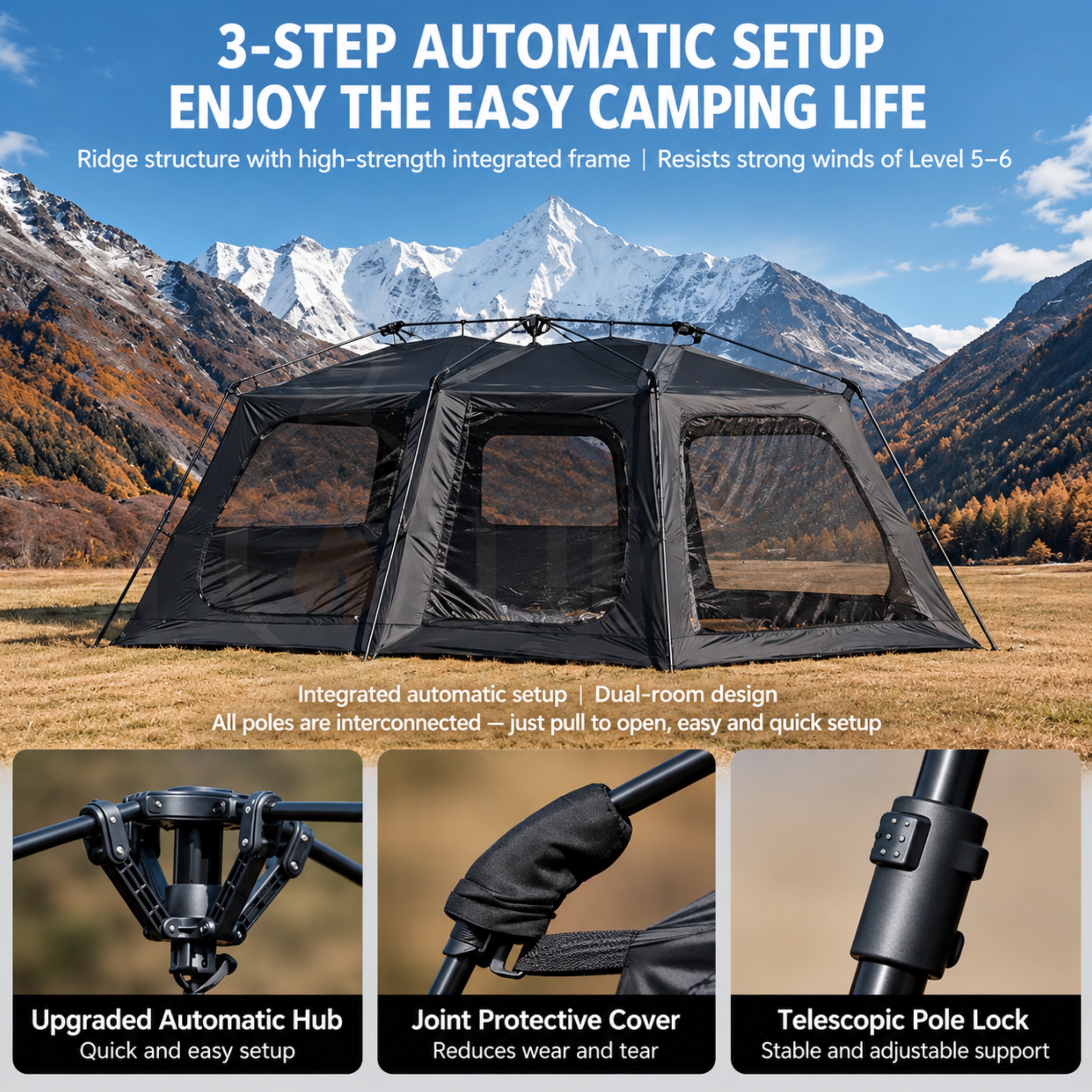 BLACKDOG STAR 13X CBD2550WS074 Auto Tent | 33m² Black Coating Camping Tent | 2 Rooms 1 Living Room
