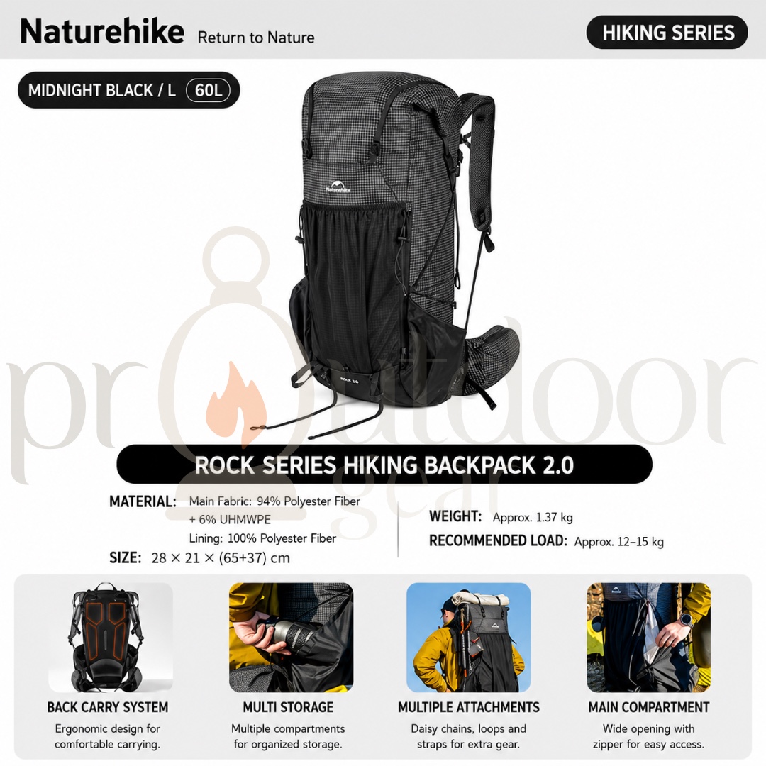 NATUREHIKE CNK2550XB018 Rock Series Hiking Backpack 2.0 60L Lightweight Trekking Backpack Outdoor Camping Travel Bag
