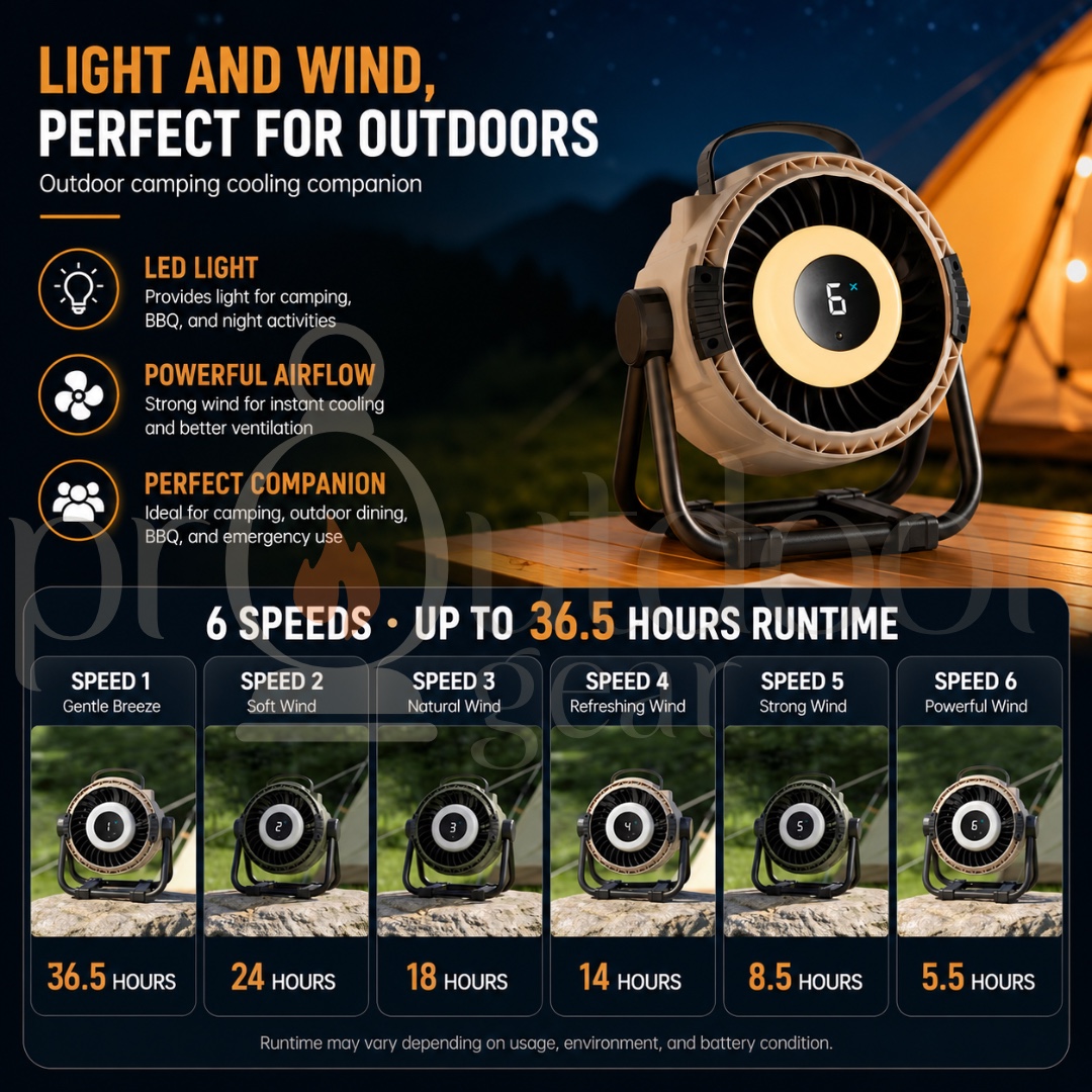 H10 Outdoor Camping Fan 20000mAh Rechargeable Portable Fan with LED Light Remote Control Type-C 6-Speed 36H Runtime