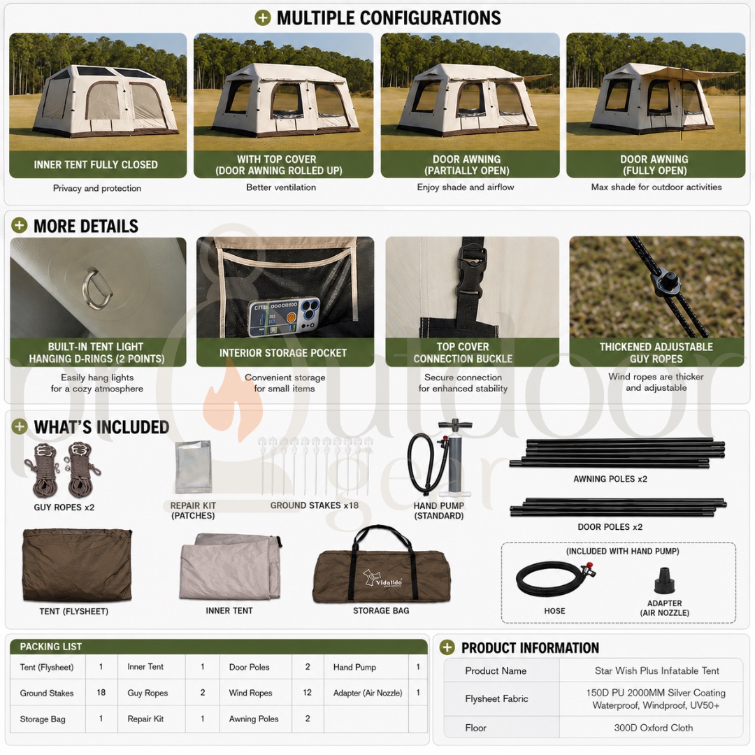 [PRE-ORDER] VIDALIDO Wish House Plus Inflatable Tent 4-6 Person UPF50+ Waterproof PU2000mm Skylight Family Camping Tent