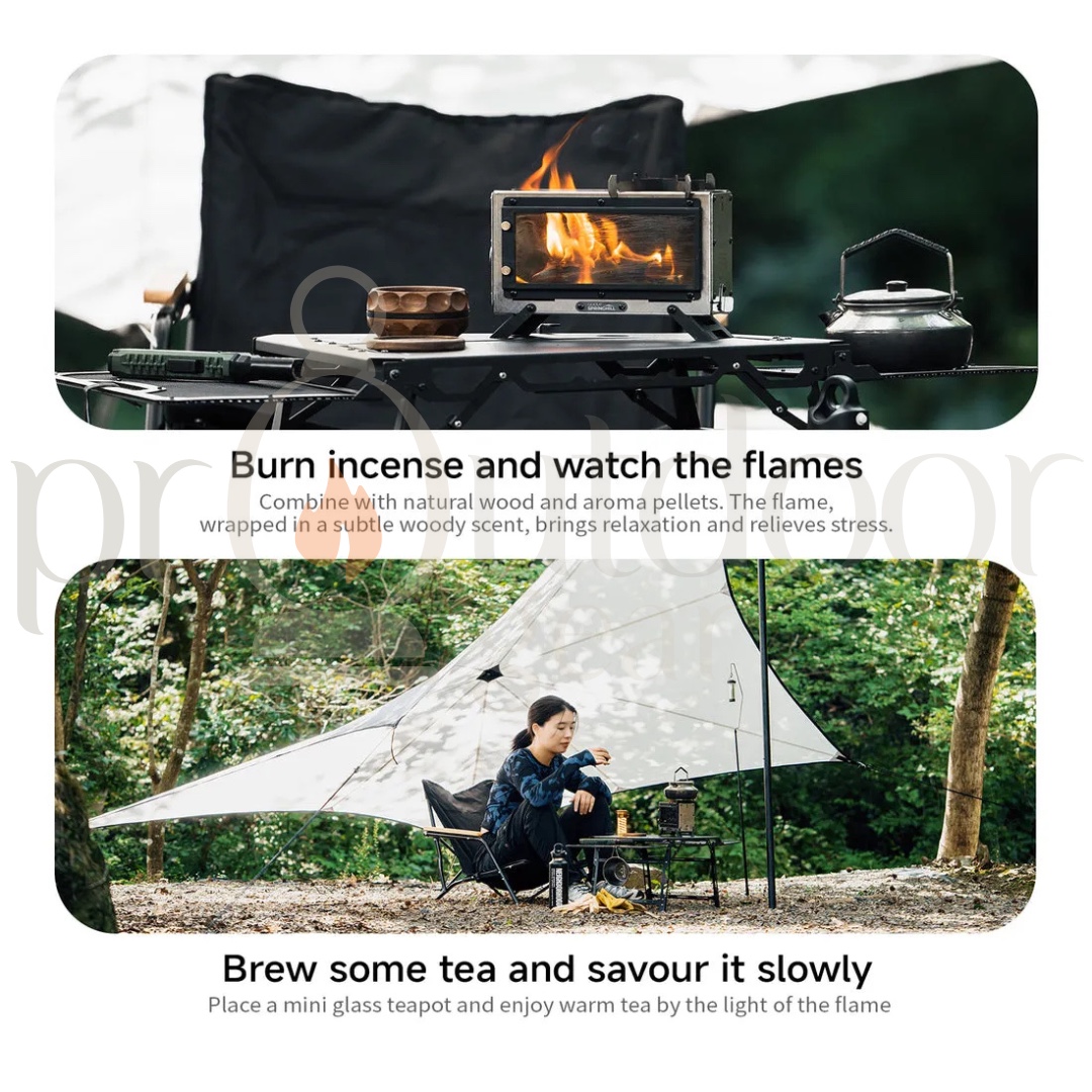 GOOUT Springhill Mini Fireplace Stove Portable Camping Wood Stove Stainless Steel Firebox Glass Window Outdoor Heater