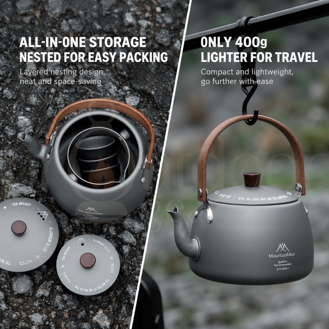 MOUNTAINHIKER SZK1418 Outdoor Camping 5-in-1 Tea Set 1.1L Aluminium Alloy Kettle Teapot 3 Tea Cups Portable Tea Set