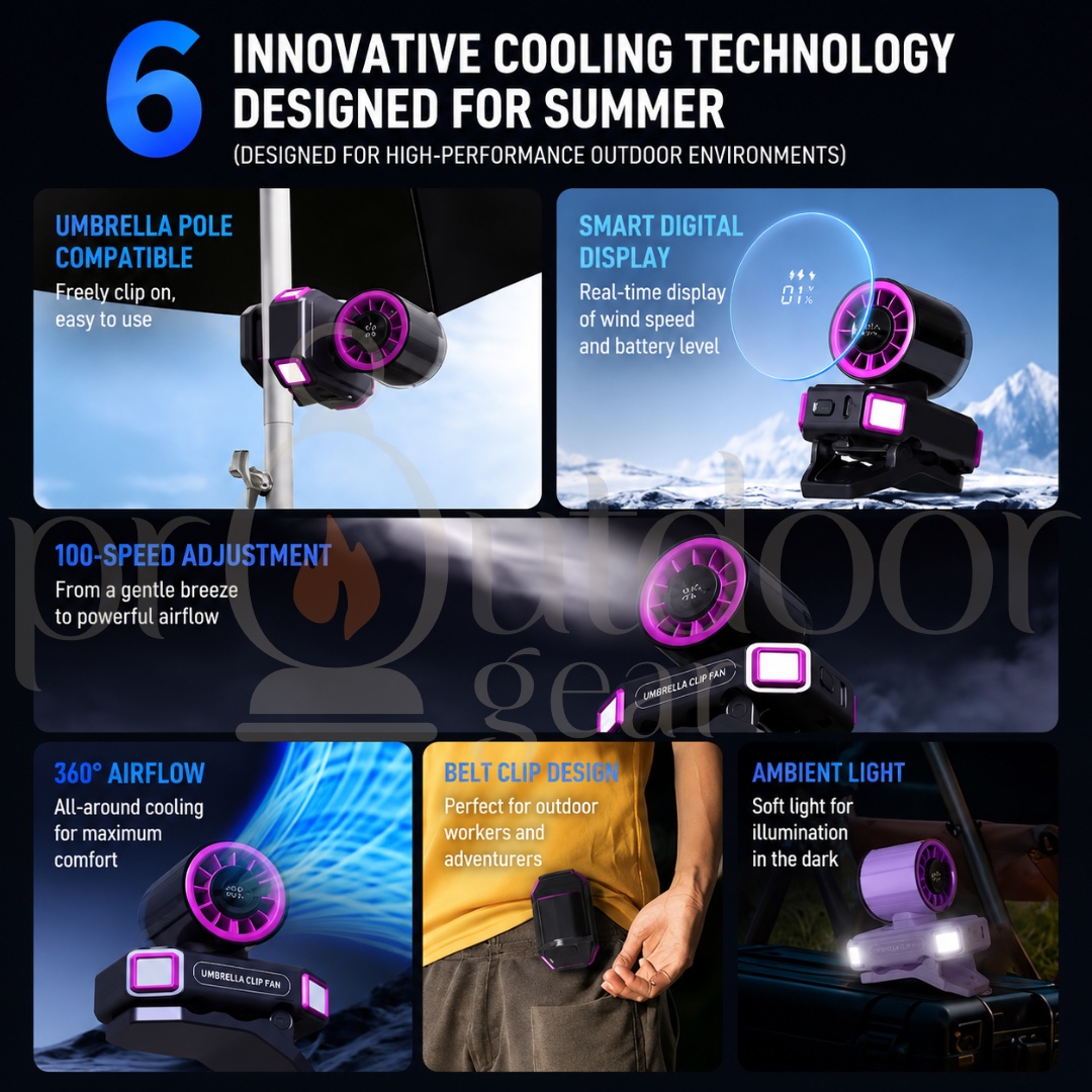Mini Portable Clip Fan Rechargeable Umbrella Fan Waist Clip Fan Outdoor Camping Fan LED Light 100-Speed
