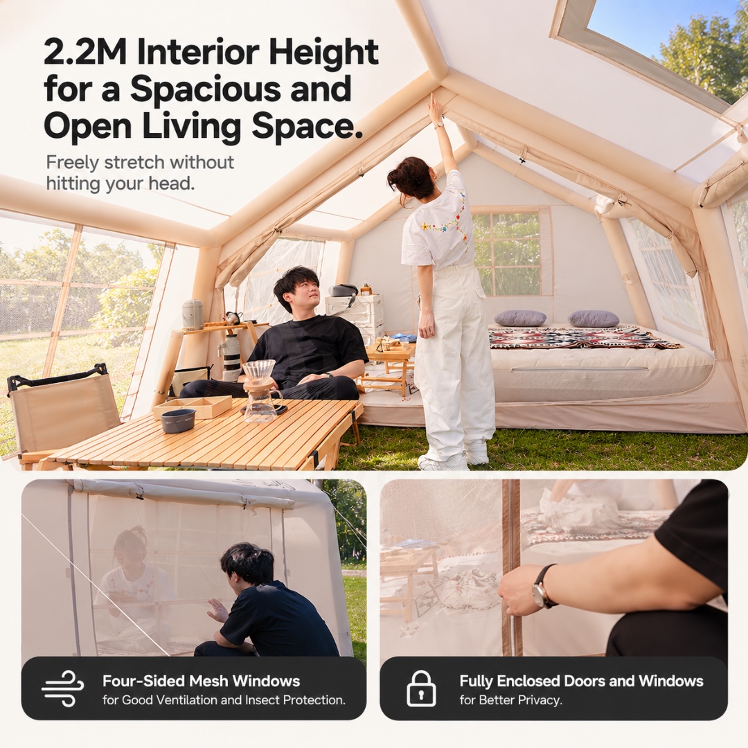 MOUNTAIN Starry Sky 8+8 Max Inflatable Camping Tent 6-8 Person Waterproof Family Glamping Tent with Awning & Manual Pump