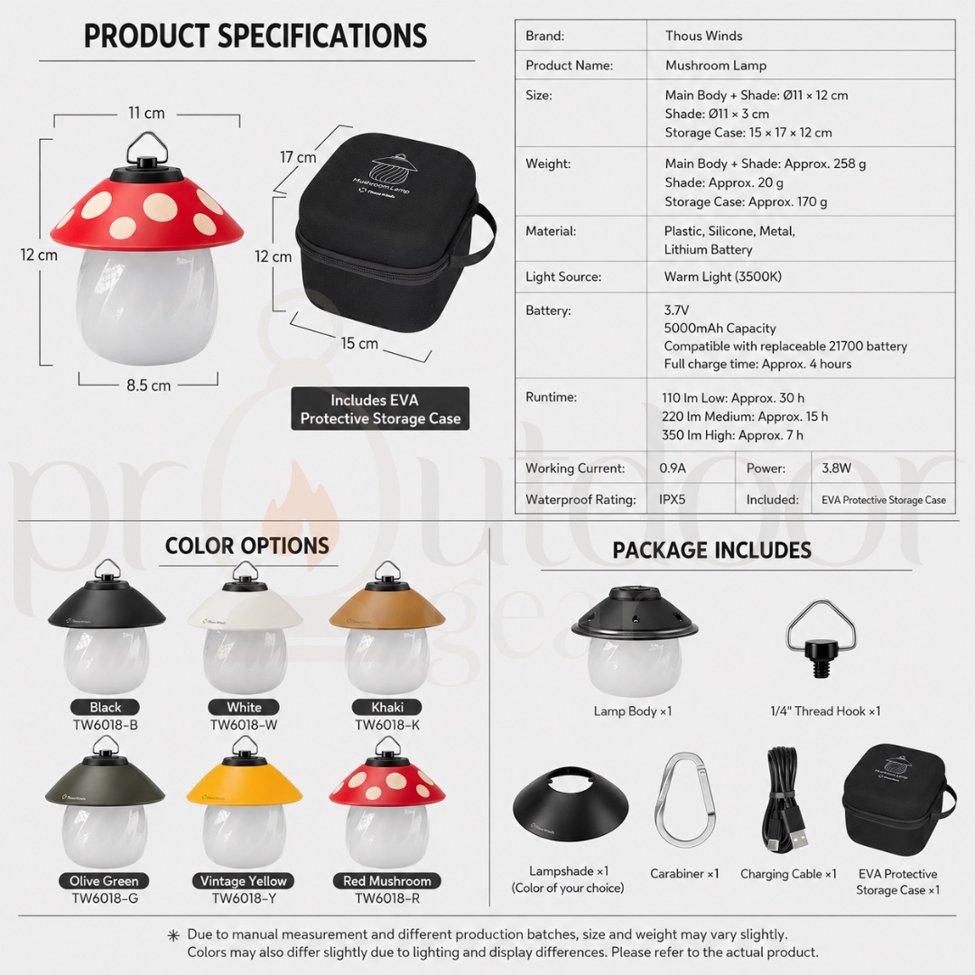 THOUSWINDS TW6018 Mushroom Lamp 5000mAh Rechargeable Camping Lantern 350 Lumens IPX5 Portable Outdoor Light