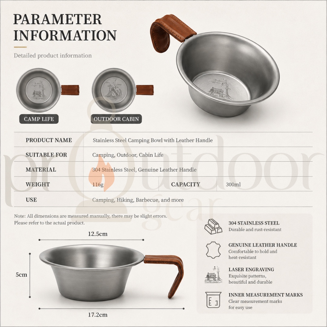 NATUREHIKE NH21CJ002 Stainless Steel Vintage Camping Bowl 300ml 304 Stainless Steel Leather Handle Outdoor Camping