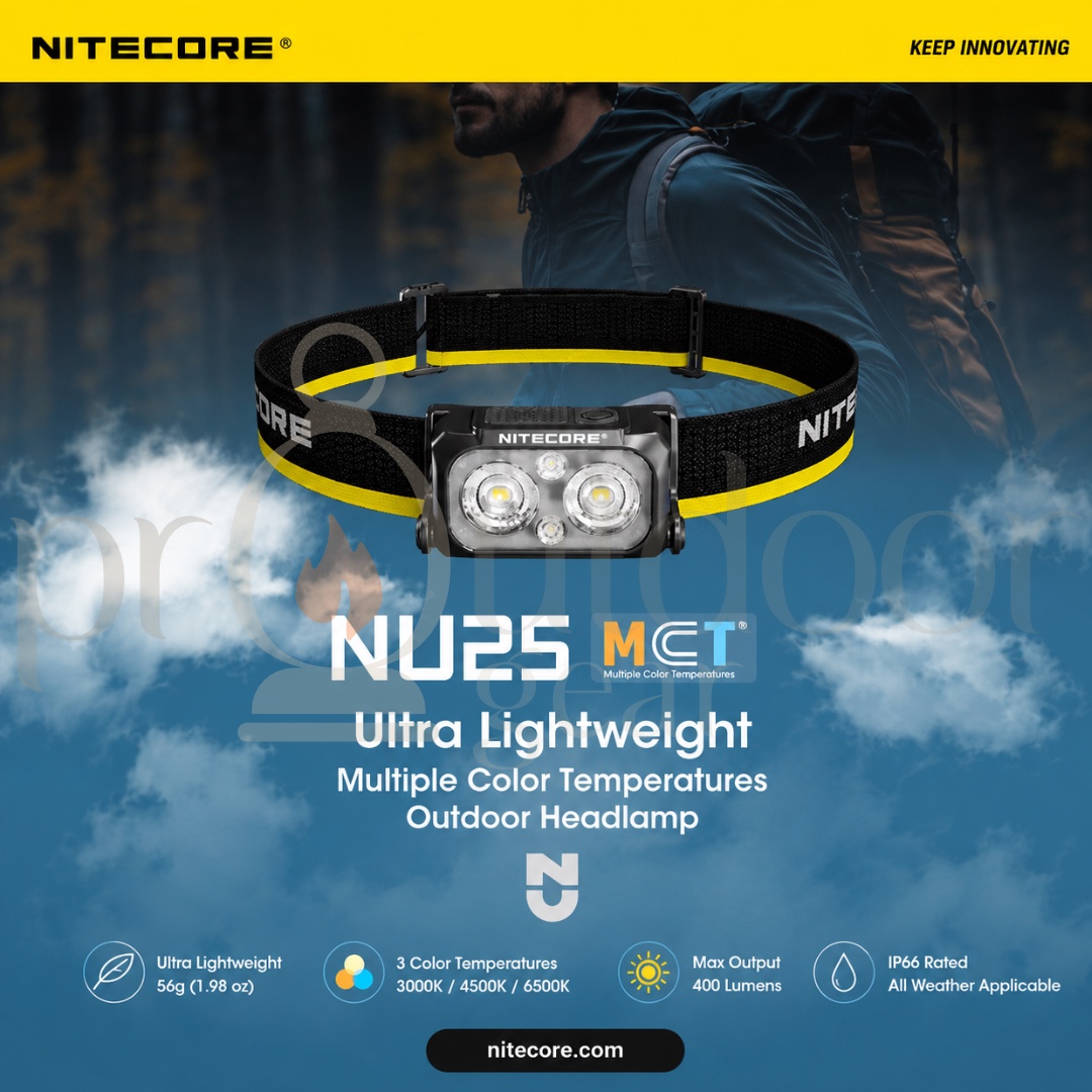 NITECORE NU25 MCT Rechargeable Headlamp 400 Lumens Ultra Lightweight 50g Triple Color IP66