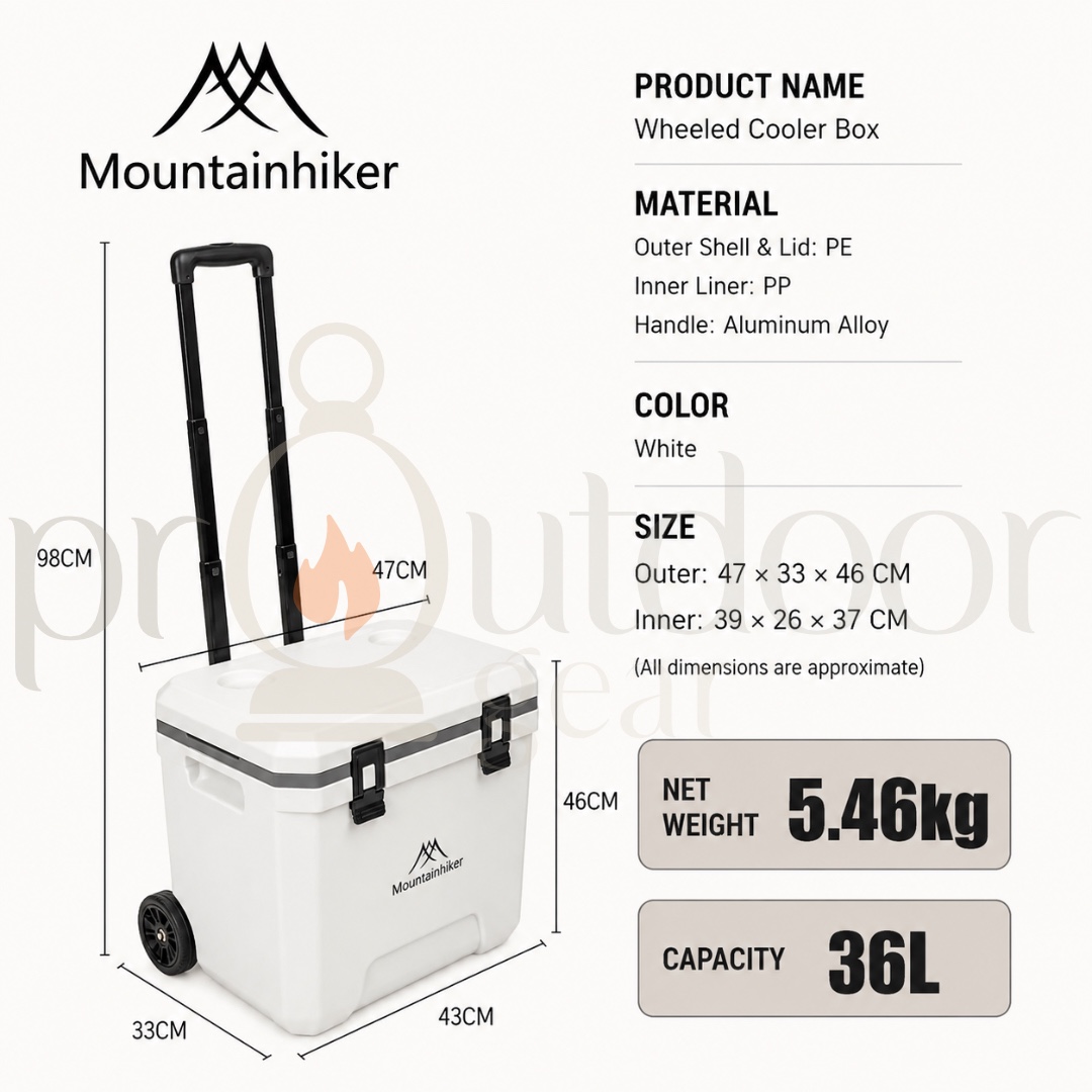 Mountainhiker 36L Cooler Box with Rollers Portable Outdoor Food Storage Camping Fishing Ice Cooler