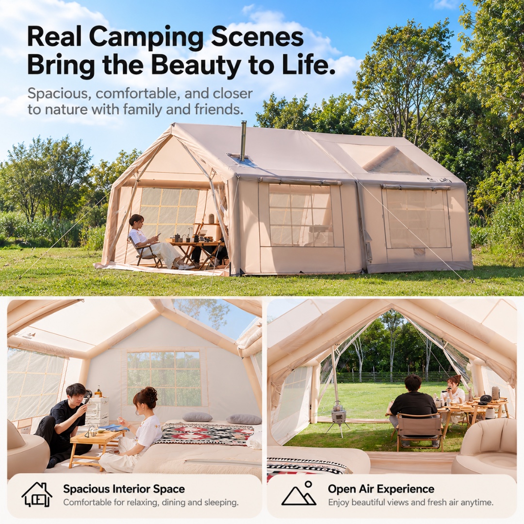 MOUNTAIN Starry Sky 8+8 Max Inflatable Camping Tent 6-8 Person Waterproof Family Glamping Tent with Awning & Manual Pump