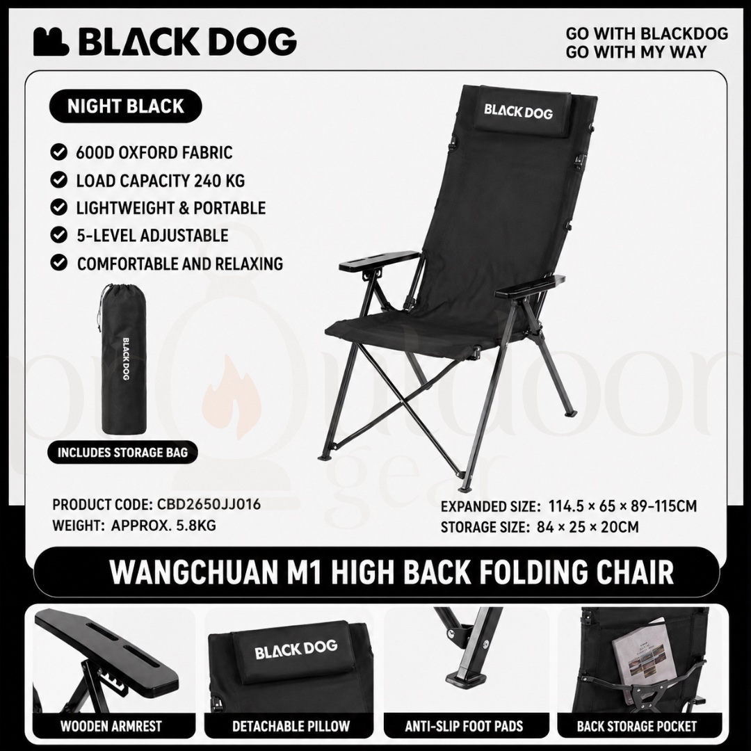 BLACKDOG CBD2650JJ016 Wangchuan M1 High Back Folding Camping Chair Adjustable Reclining Chair Portable Outdoor