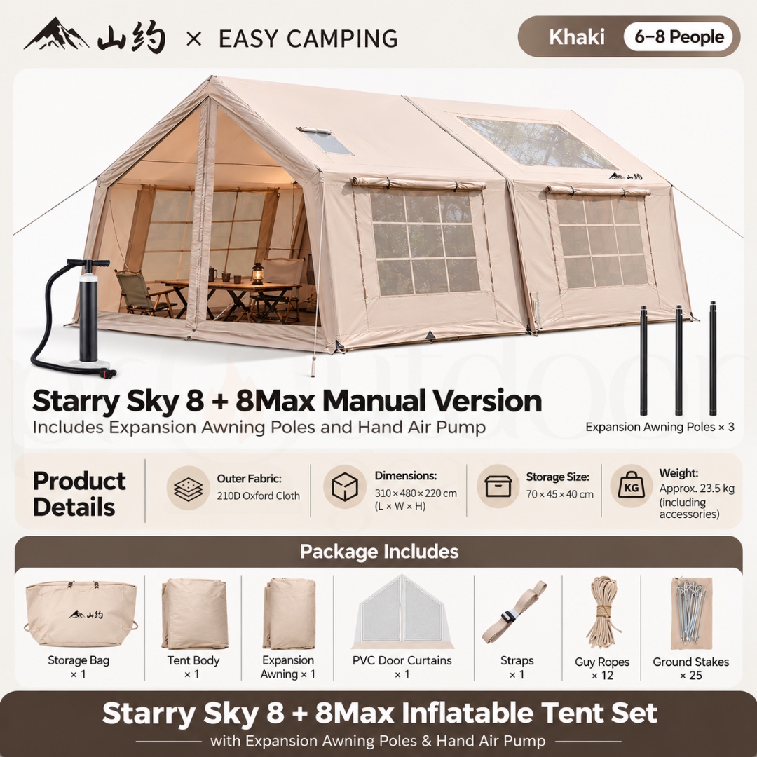 MOUNTAIN Starry Sky 8+8 Max Inflatable Camping Tent 6-8 Person Waterproof Family Glamping Tent with Awning & Manual Pump