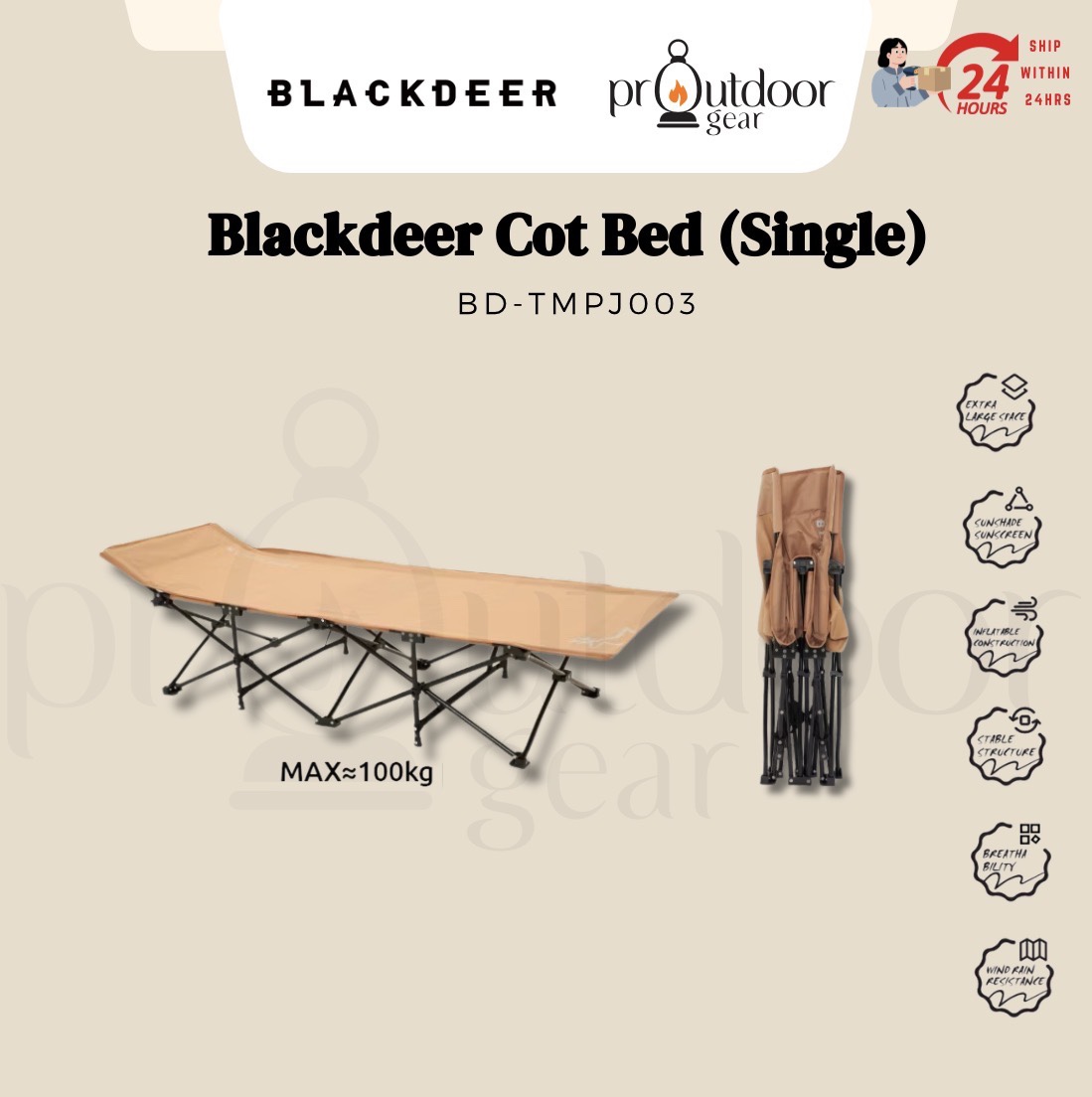 BlackDeer Camping Bed Cot with Bag Sleeping Single Bed Outdoor Folding Bearing Weight 150kg Foldable Portable