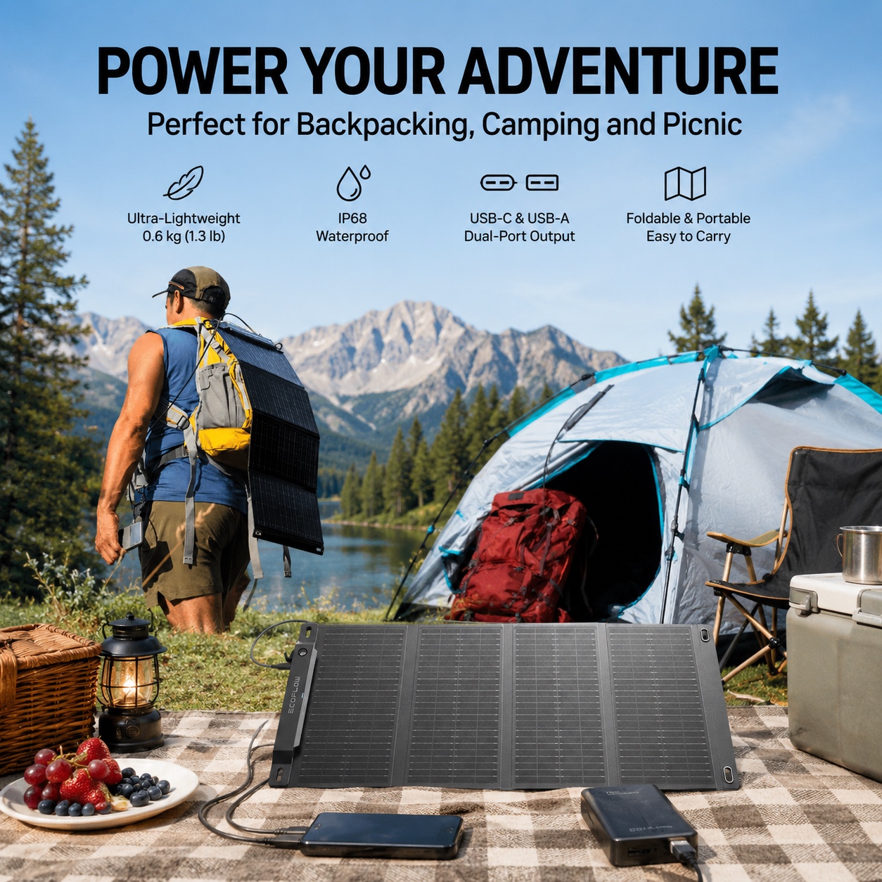 EcoFlow 28W Portable Solar Panel Foldable USB-C USB-A Fast Charger IP68 Waterproof Lightweight 600g Camping