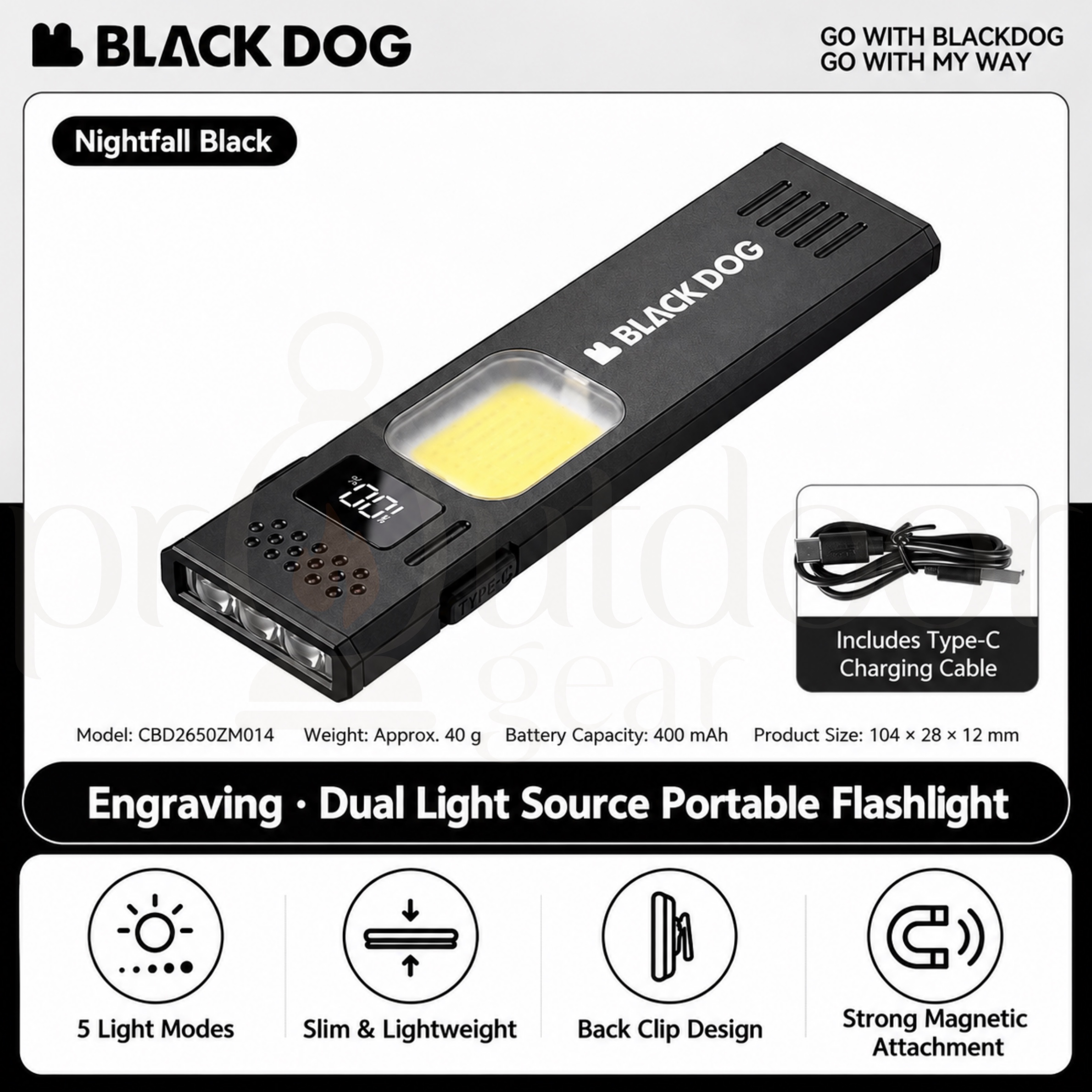 BLACKDOG CBD2650ZM014 Dual Light Source Portable Flashlight 350LM Magnetic Clip Mini Rechargeable Type-C LED Work Light