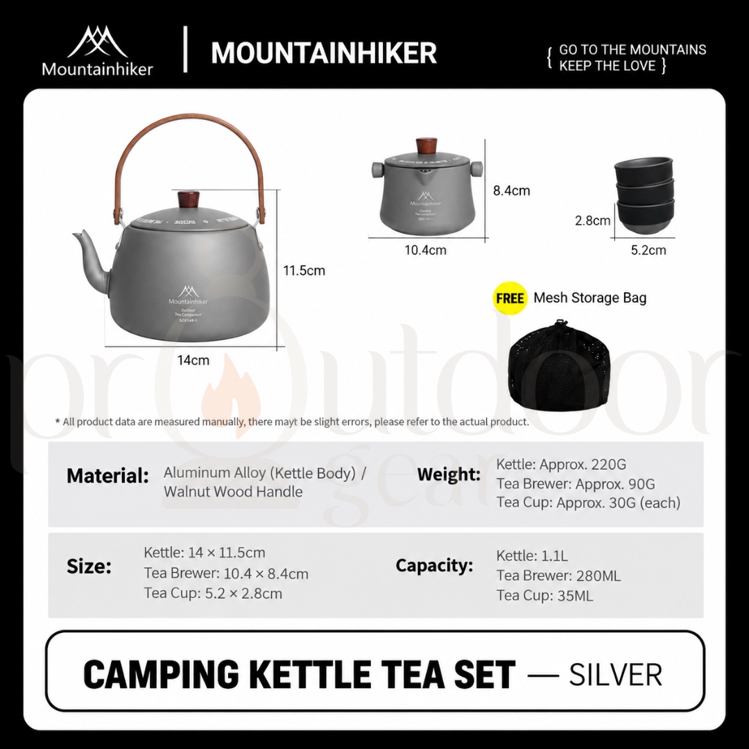 MOUNTAINHIKER SZK1418 Outdoor Camping 5-in-1 Tea Set 1.1L Aluminium Alloy Kettle Teapot 3 Tea Cups Portable Tea Set