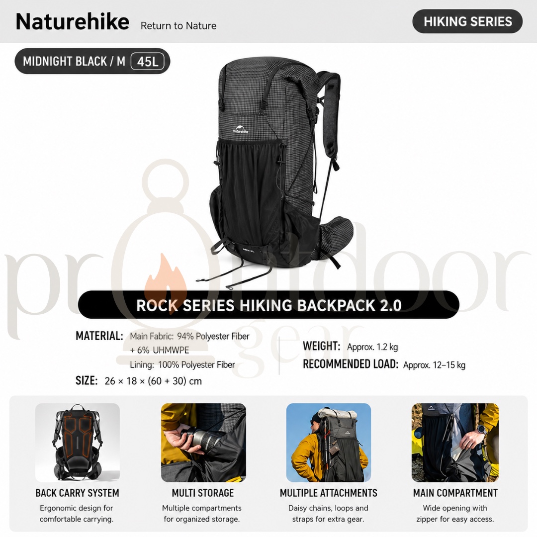 NATUREHIKE CNK2550XB018 Rock Series Hiking Backpack 2.0 60L Lightweight Trekking Backpack Outdoor Camping Travel Bag