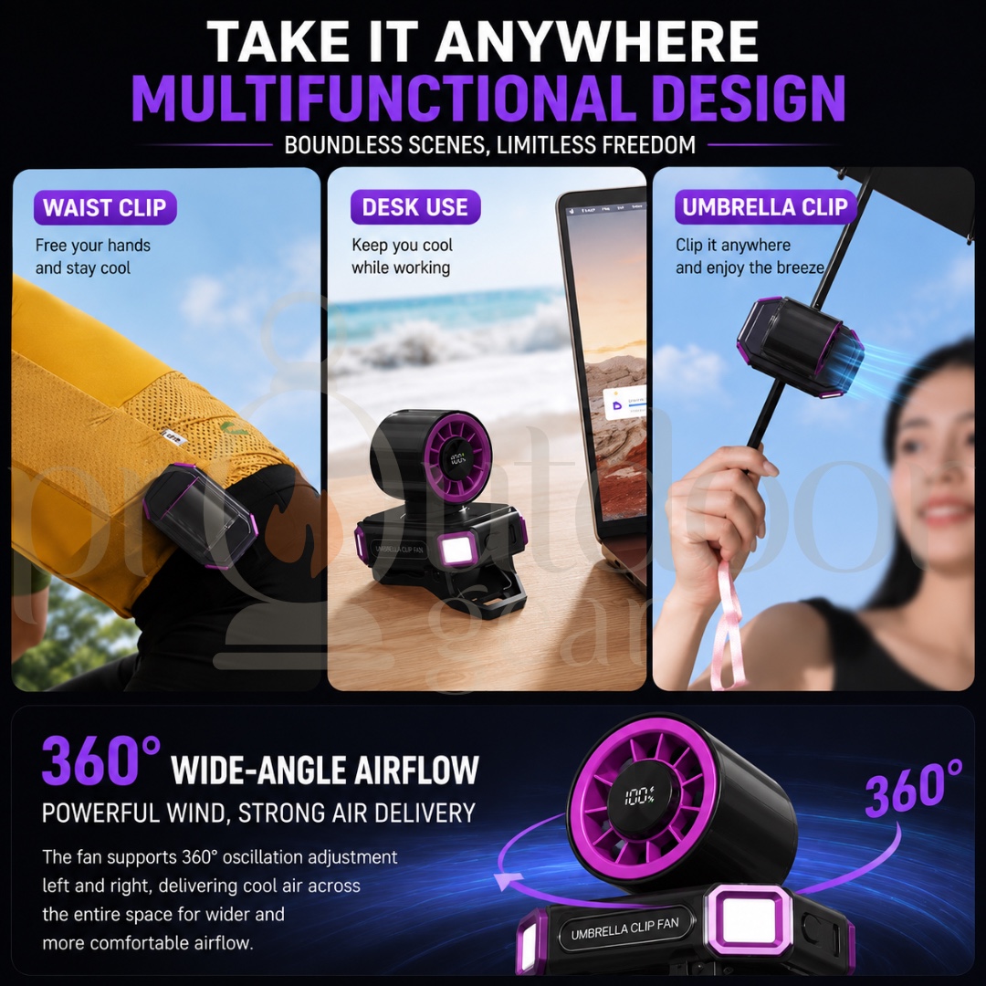 Mini Portable Clip Fan Rechargeable Umbrella Fan Waist Clip Fan Outdoor Camping Fan LED Light 100-Speed