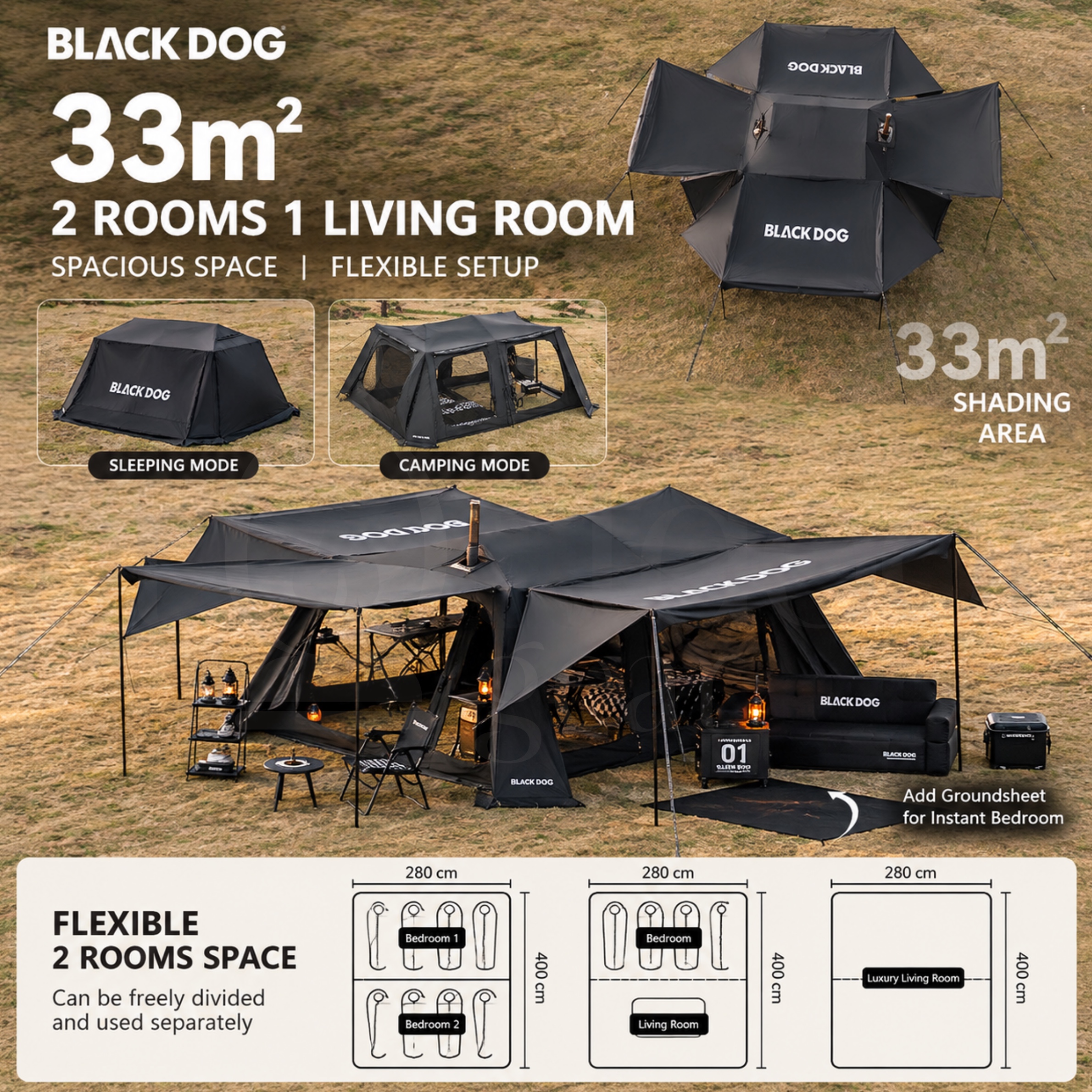 BLACKDOG STAR 13X CBD2550WS074 Auto Tent | 33m² Black Coating Camping Tent | 2 Rooms 1 Living Room