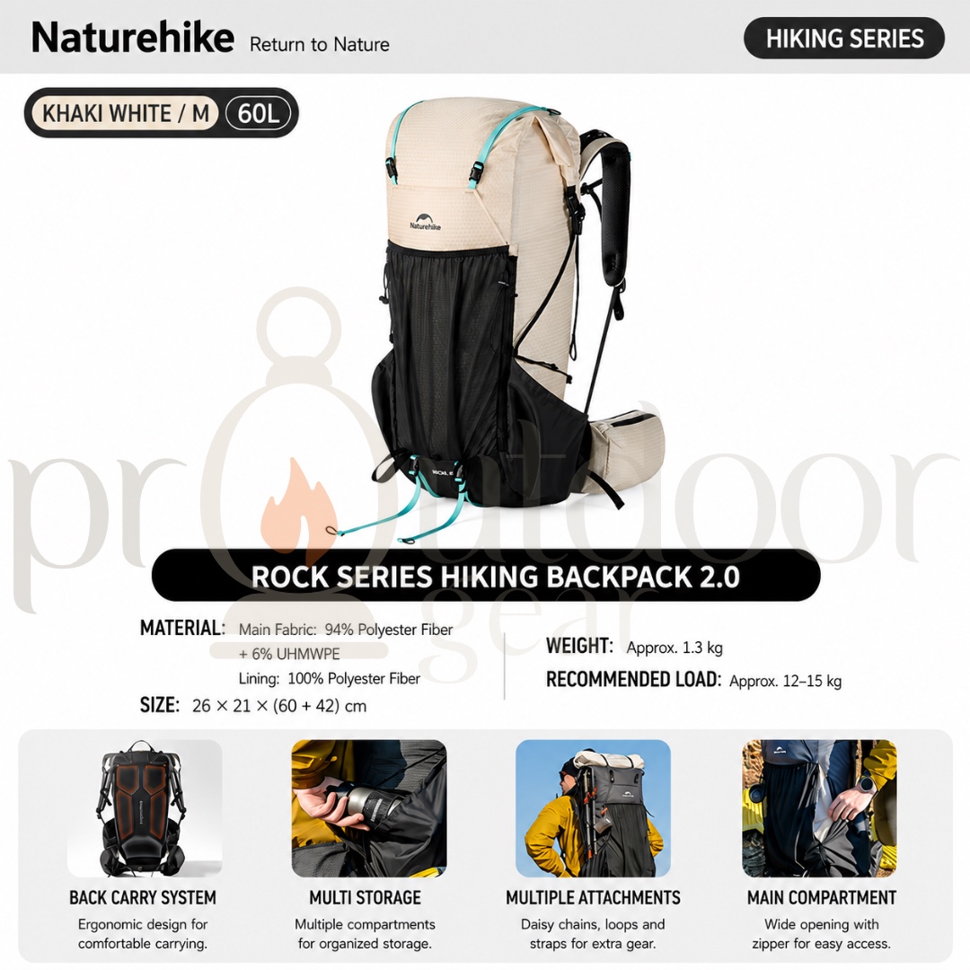 NATUREHIKE CNK2550XB018 Rock Series Hiking Backpack 2.0 60L Lightweight Trekking Backpack Outdoor Camping Travel Bag
