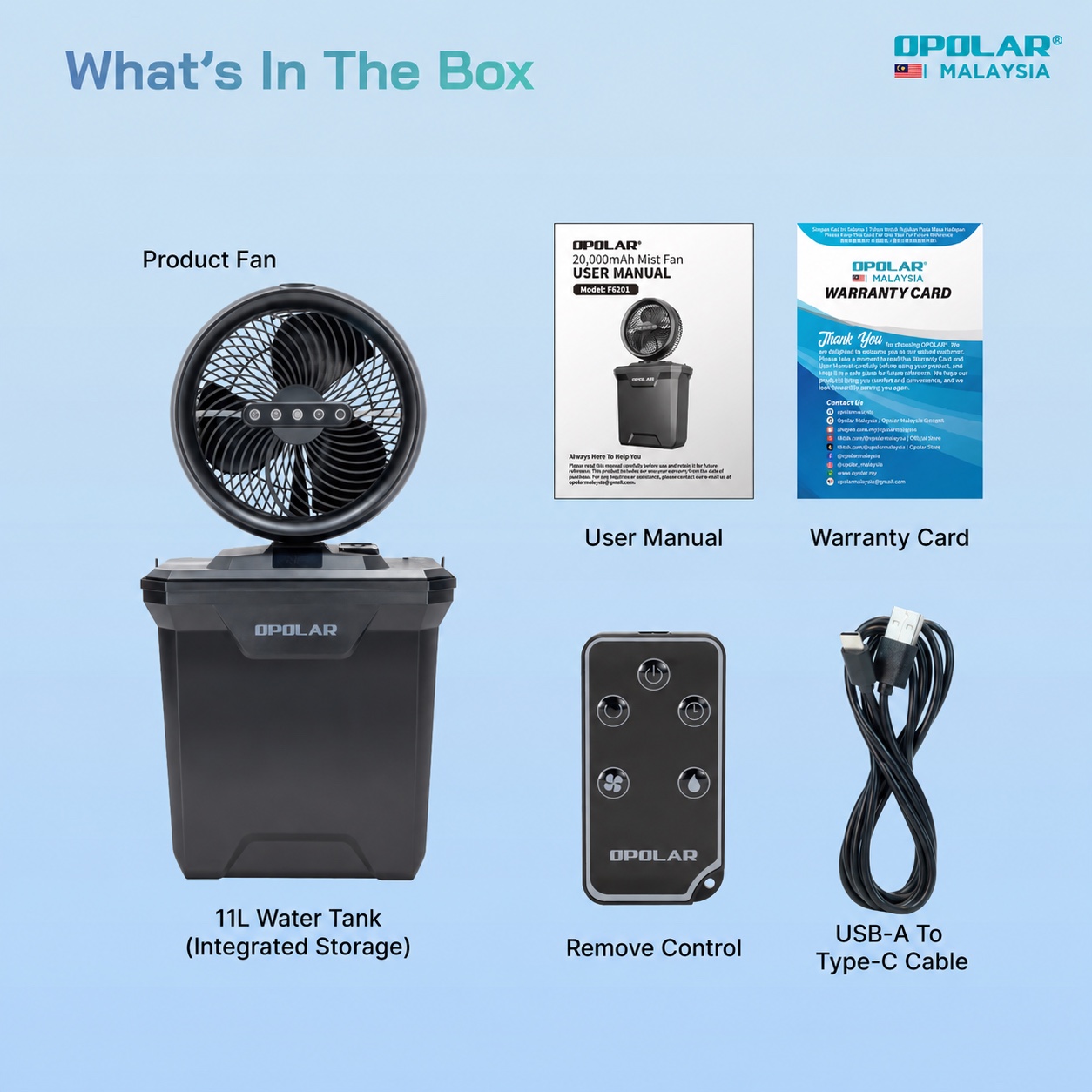 Opolar 11L Water Tank Oscillating & Rechargeable Mist Fan In 10 Inch (20,000mAh Battery Capacity) Model F6201