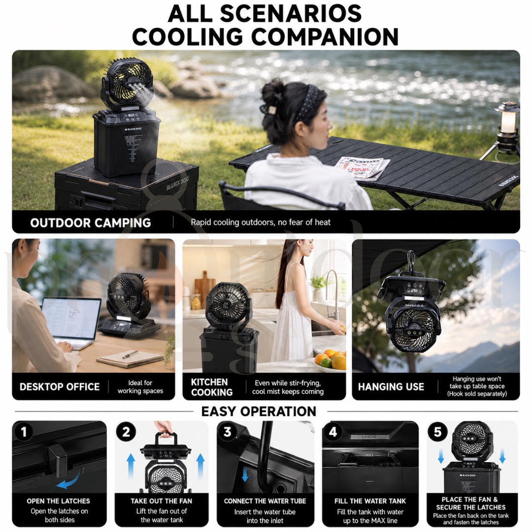 BLACKDOG CBD2659518010 Qiangxi Pro Outdoor Camping Fan 20000mAh Rechargeable Mist Fan 7L Water Tank Triple Mist Light
