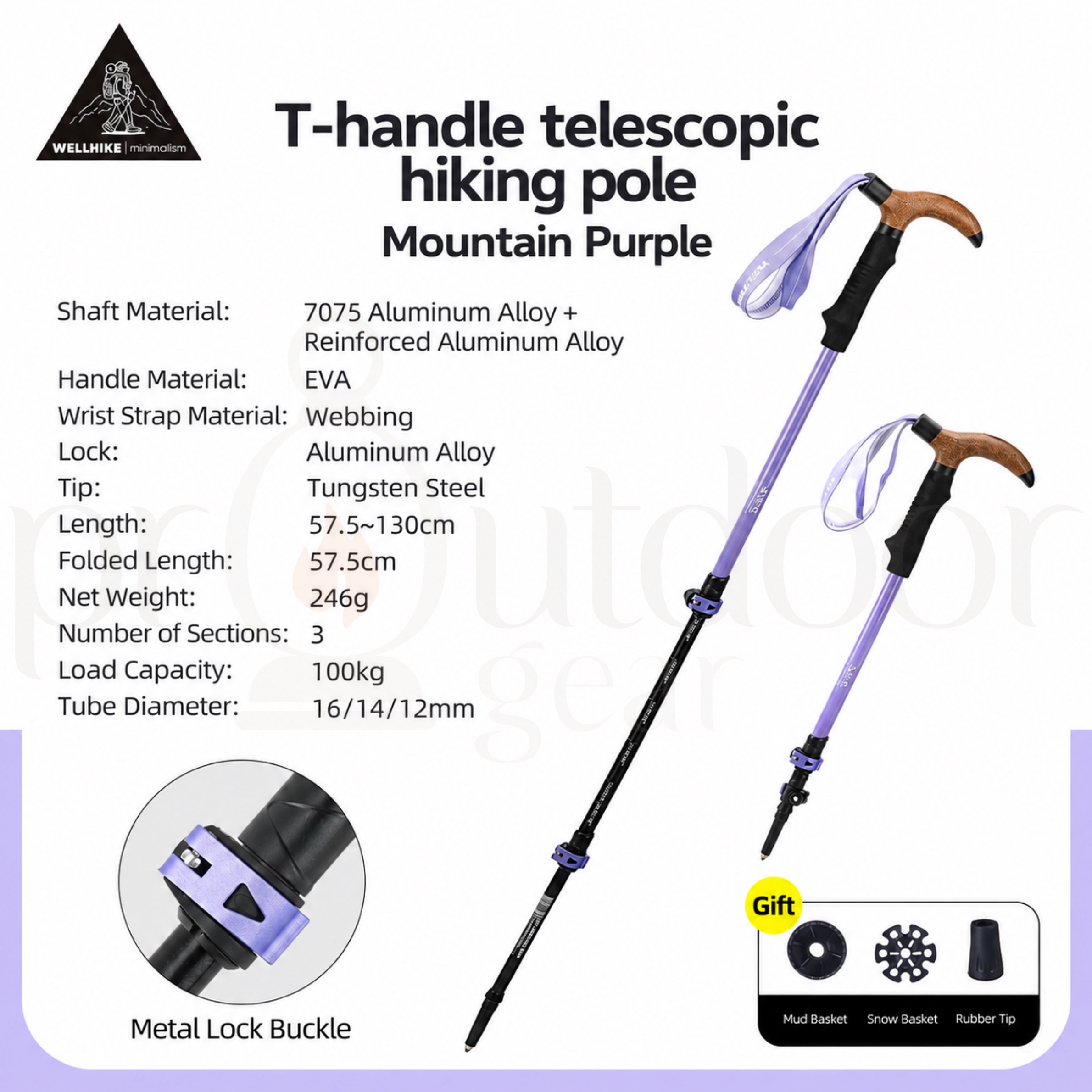 WELLHIKE T-Handle Telescopic Trekking Pole Adjustable 57.5-130cm Lightweight 7075 Aluminum Alloy Hiking Walking Stick