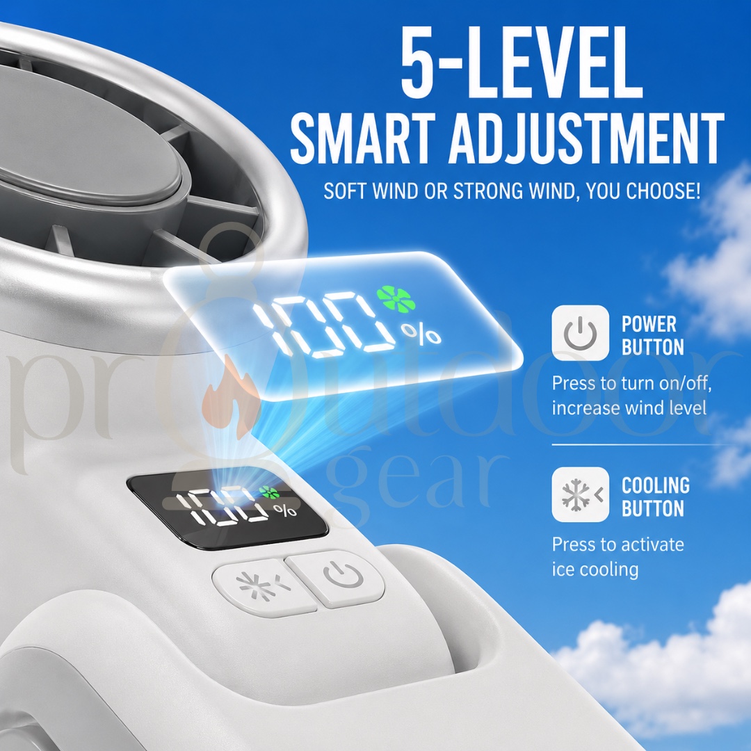H03B Portable Ice Cooling Handheld Fan Rechargeable USB-C 5 Speed LED Display Neck Hanging Desktop Camping Travel Fan
