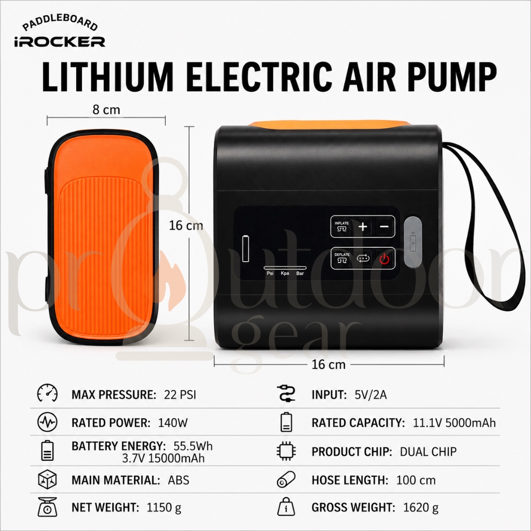 IROCKER GP-133P Lithium Electric Air Pump Rechargeable Portable Inflator 22PSI Auto Stop Air Tent SUP Kayak Pool