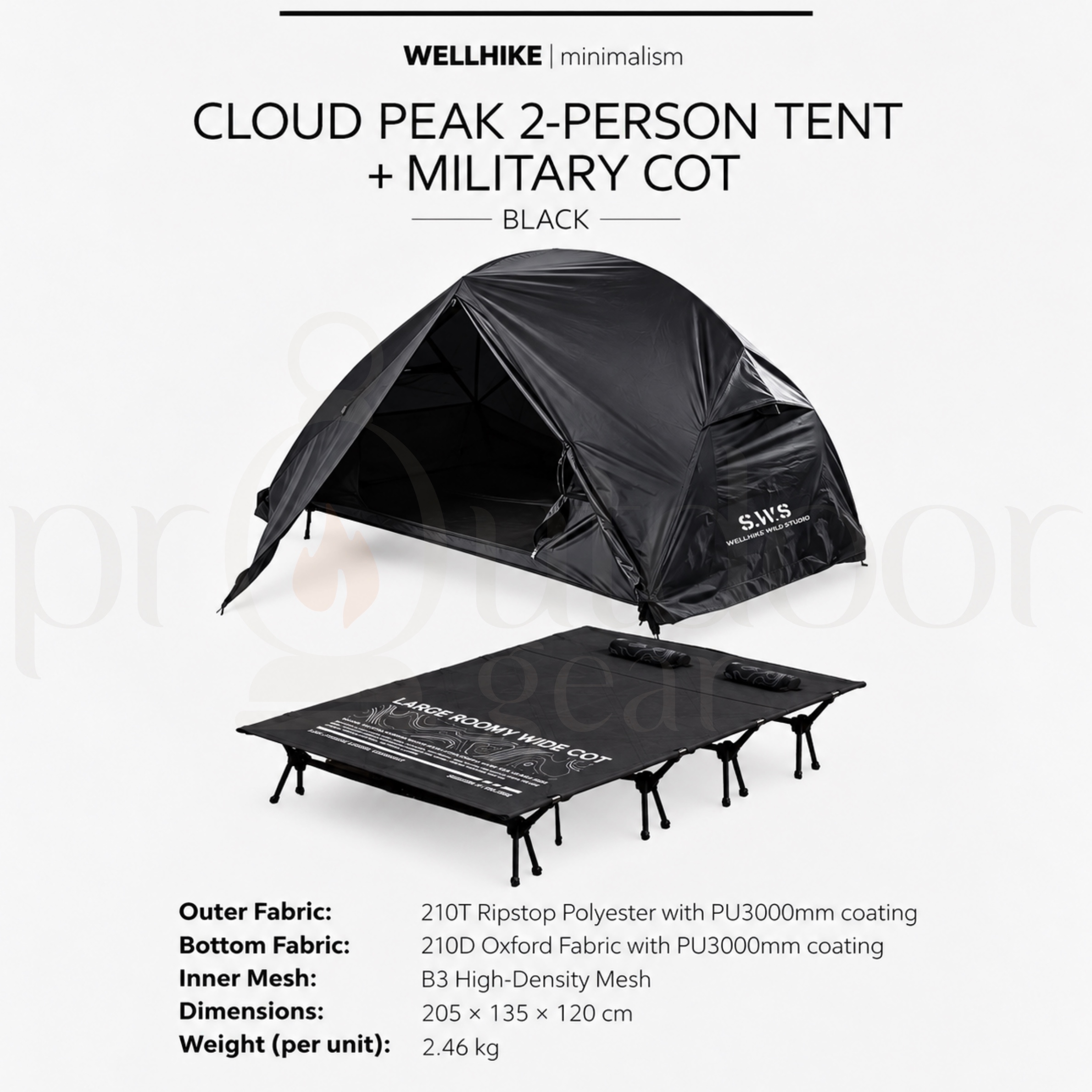 WELLHIKE Cloud Peak 2 Person Camping Tent Waterproof PU3000mm Outdoor Hiking Tent Portable Double Tent