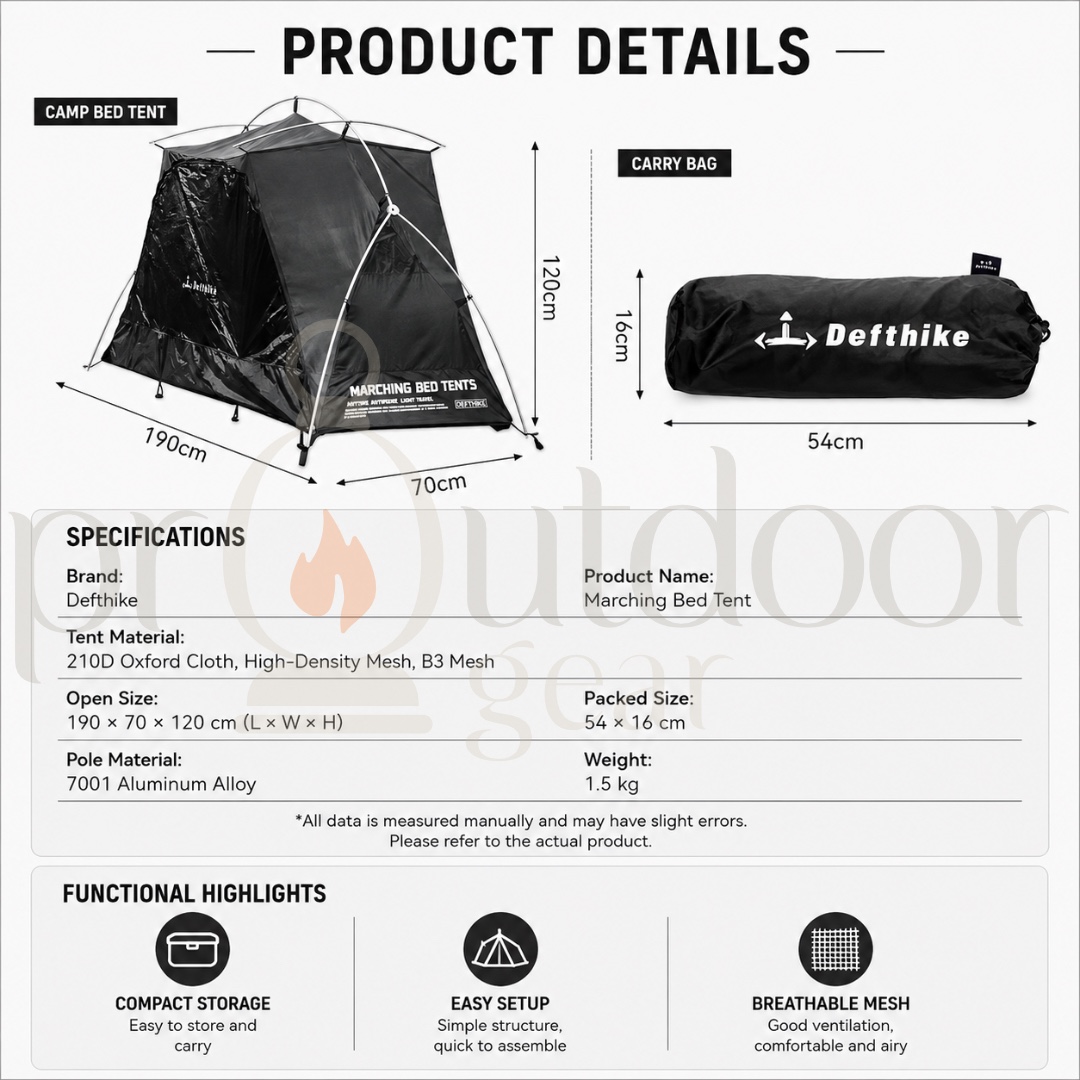 DEFTHIKE Camping Cot Tent Set 70D Silver Coated Nylon Flysheet + Inner Tent + Cot Outdoor Single Person Camping Shelter
