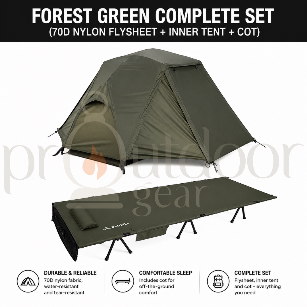 DEFTHIKE Camping Cot Tent Set 70D Silver Coated Nylon Flysheet + Inner Tent + Cot Outdoor Single Person Camping Shelter