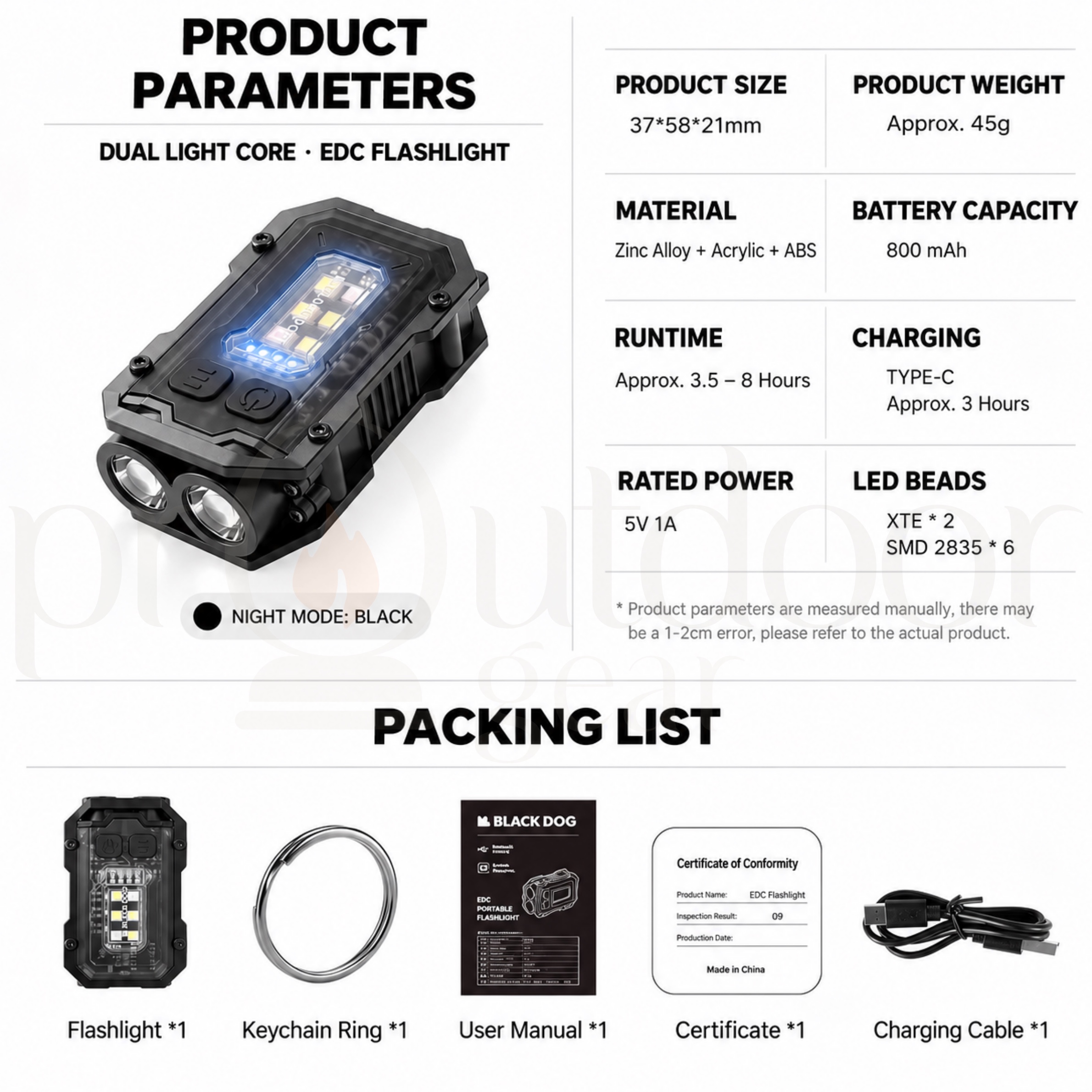 BLACKDOG CBD2650ZM012 EDC Portable Rechargeable Flashlight 283LM Dual LED Mini Torch 8 Light Modes Magnetic Base Type-C Camping Hiking Emergency Light