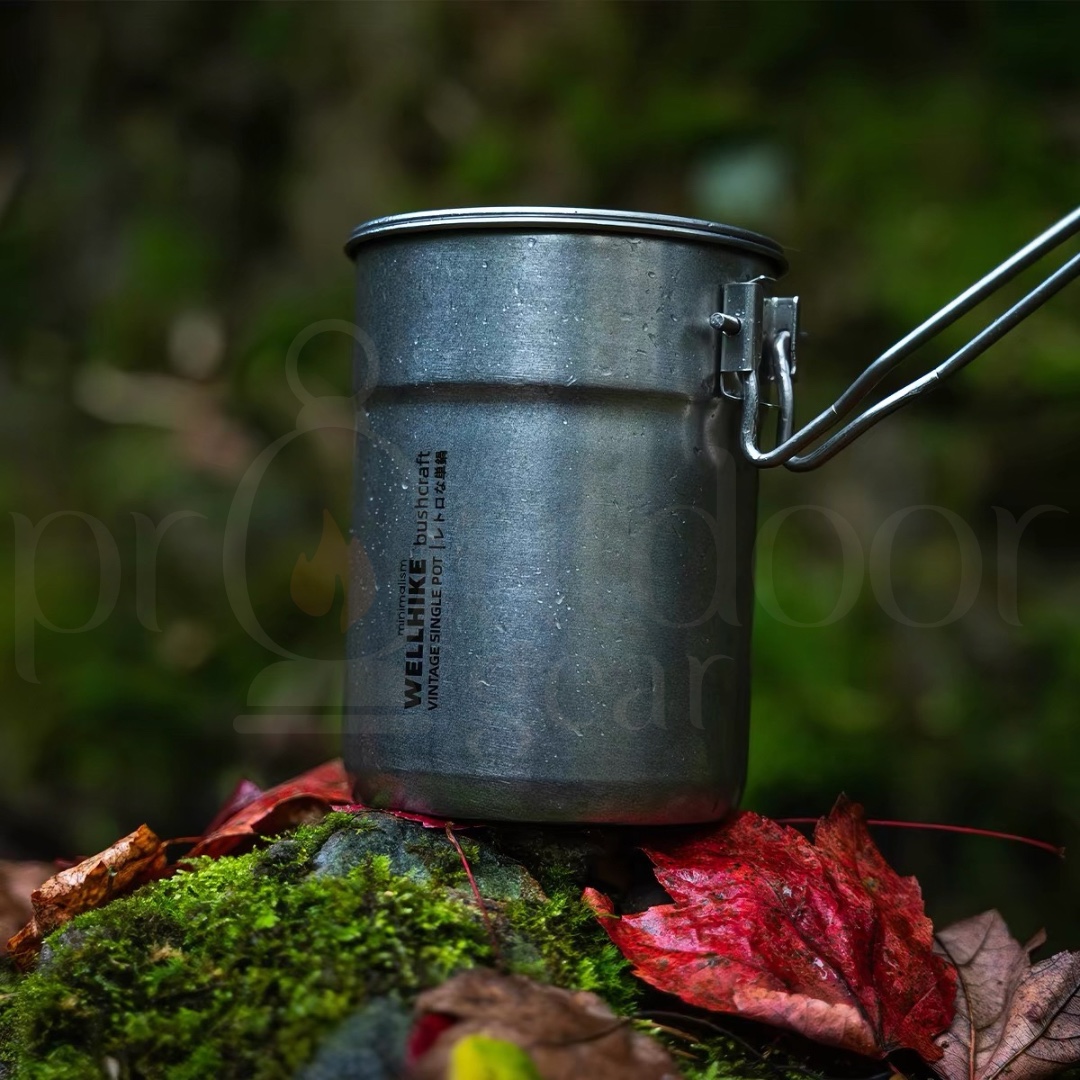 WELLHIKE Retro Stainless Steel 1L Single Pot Outdoor Camping Hiking Cookware with Lid