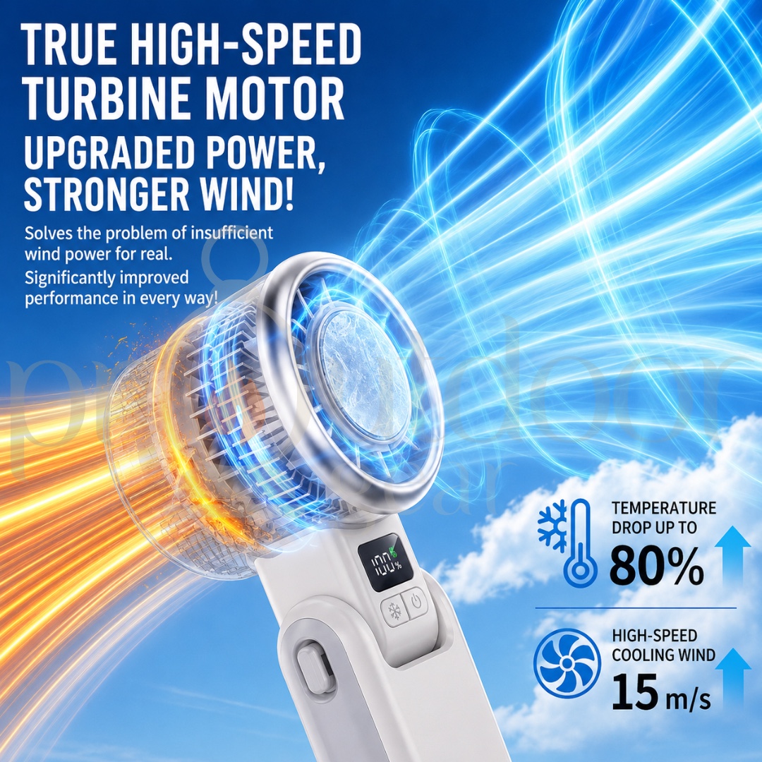 H03B Portable Ice Cooling Handheld Fan Rechargeable USB-C 5 Speed LED Display Neck Hanging Desktop Camping Travel Fan
