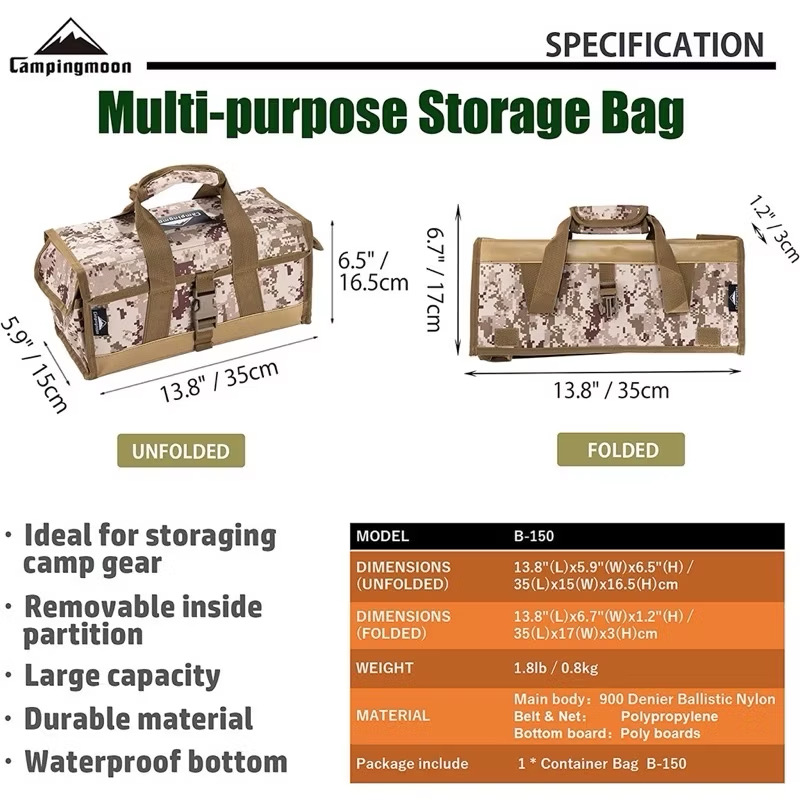 CAMPINGMOON B-150 Bottom Waterproof Outdoor Camping Tent Stakes Hammer Multi-Container Box Camouflage Storage Bag