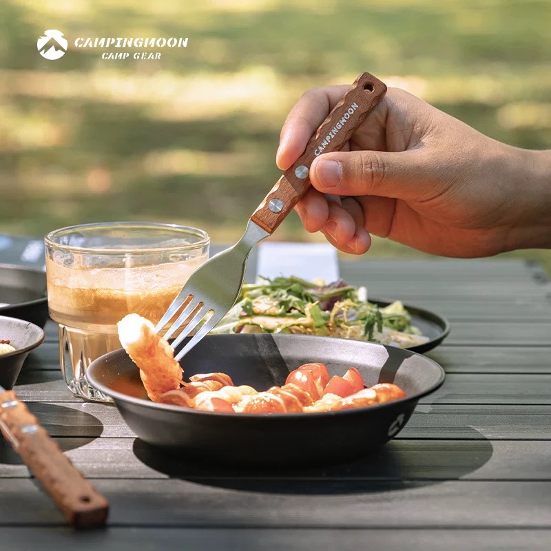 Campingmoon CS-23 Fork Spoon Two-Piece Set Outdoor Camping 304 Stainless Steel Solid Wood Handle Tableware