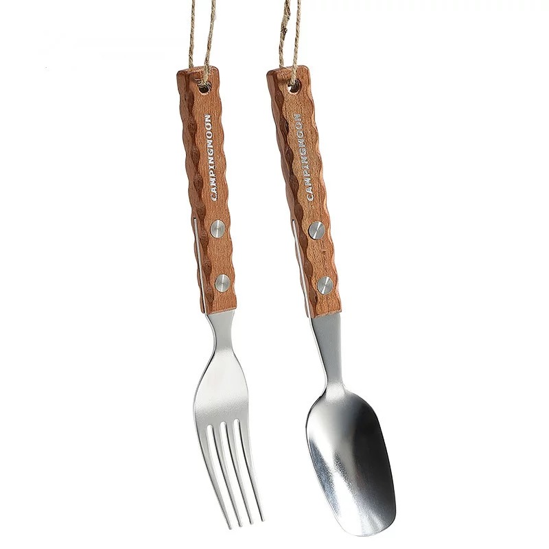 Campingmoon CS-23 Fork Spoon Two-Piece Set Outdoor Camping 304 Stainless Steel Solid Wood Handle Tableware