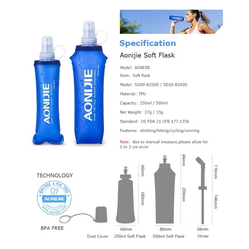 AONIJIE TPU Soft Flask Running Collapsible Water Bottles Flask for Hydration Pack - Ideal for Running Hiking SD09 SD10